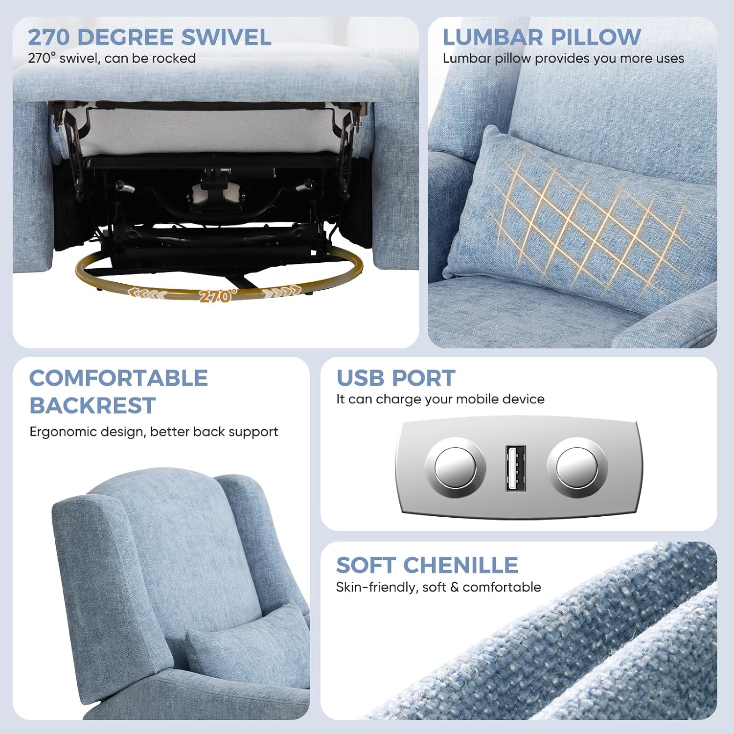 Power Recliner Chair Swivel Glider, Large Nursery Glider with Ottoman & USB Charging Port, Chenille Upholstered Rocker Glider Recliner for Nursery,Living Room, Blue