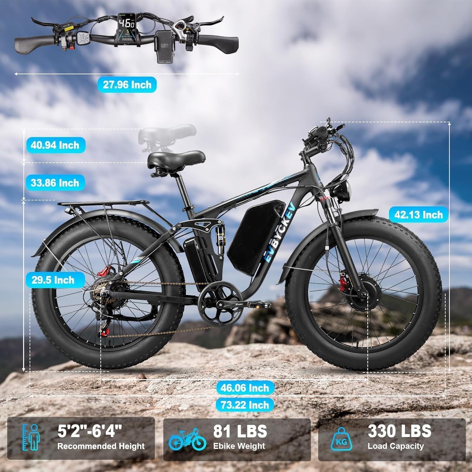 9000W Peak Electric Bike for Adults,58V Max-Output 1856Wh Dual Motor Ebike,34Ah Battery 47MPH Up to 105Miles Fast 24' x4.0 Fat Tire Ebike,Full-Suspension Mountain E-Bike for Beach Snow