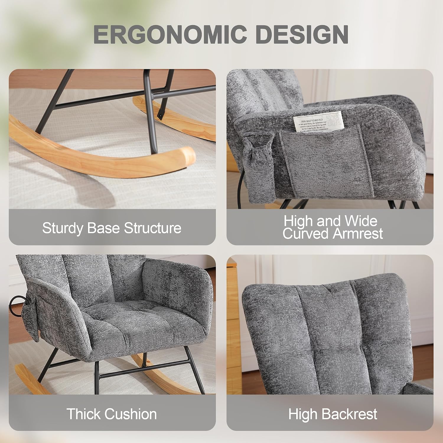 Rocking Chair Nursery with Airbag, Comfy Nursery Rocking Reading Chair Indoor, Cozy Upholstered Glider Rocker Chairs for Living Room Bedroom Offices, Sillas Mecedoras(Chenille, Dark Grey)