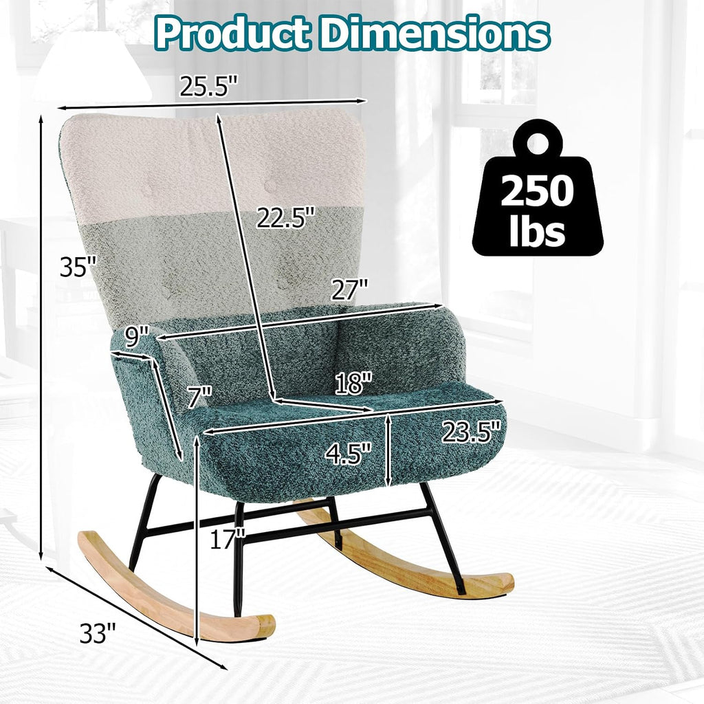 Moccha Nursery Rocking Chair, Teddy Upholstered Glider Rocker with High Backrest, Rubber Wood Legs & Side Pocket, Comfy Armchair Side Chair for Living Room Bedroom (1, Striped Green)