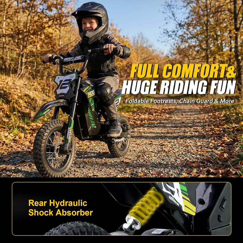 KOOZ 36V 300W Electric Dirt Bike for Kids - 3 Speed Modes Electric Motorcycle Up to 15.5 MPH & 14 Miles Long-Range, Shock Absorber & Rear Brake, 12' Sturdy Tire Gift for Kids