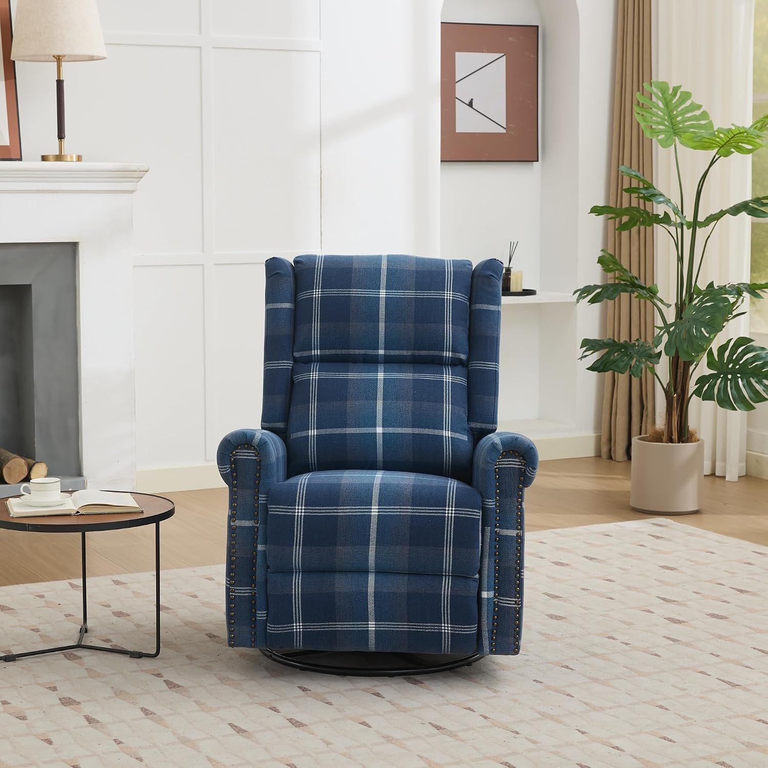 Swivel Rocker Recliner Chair, Manual Rocking Recliner Chair, Wingback Swivel Recliner Chair, Glider 360 Degree Swivel Chair with Padded Seat, Swivel Recliner Chairs for Living Room - Blue
