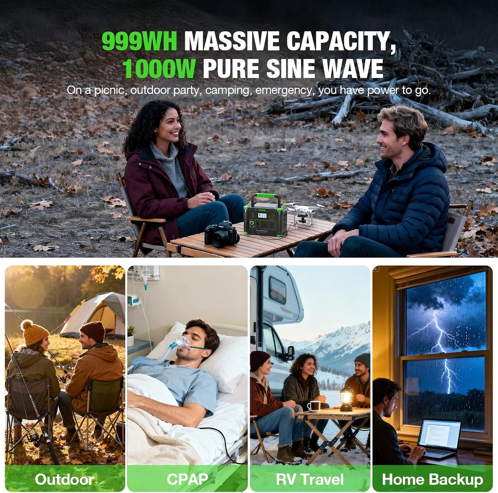 999Wh Solar Generator 1000W (Peak 2000W), Portable Power Station with Pure Sine Wave AC Outlet, 60W USB-C PD Fast Charging, 10-Port Hub for RV Camping, Home Backup, Emergency & Off-Grid Living