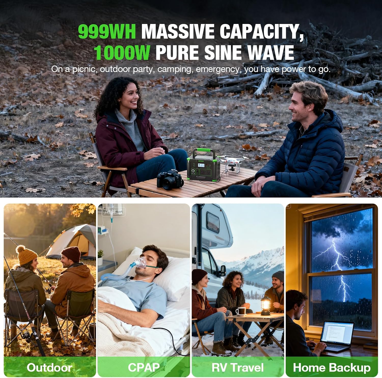 999Wh Solar Generator 1000W (Peak 2000W), Portable Power Station with Pure Sine Wave AC Outlet, 60W USB-C PD Fast Charging, 10-Port Hub for RV Camping, Home Backup, Emergency & Off-Grid Living