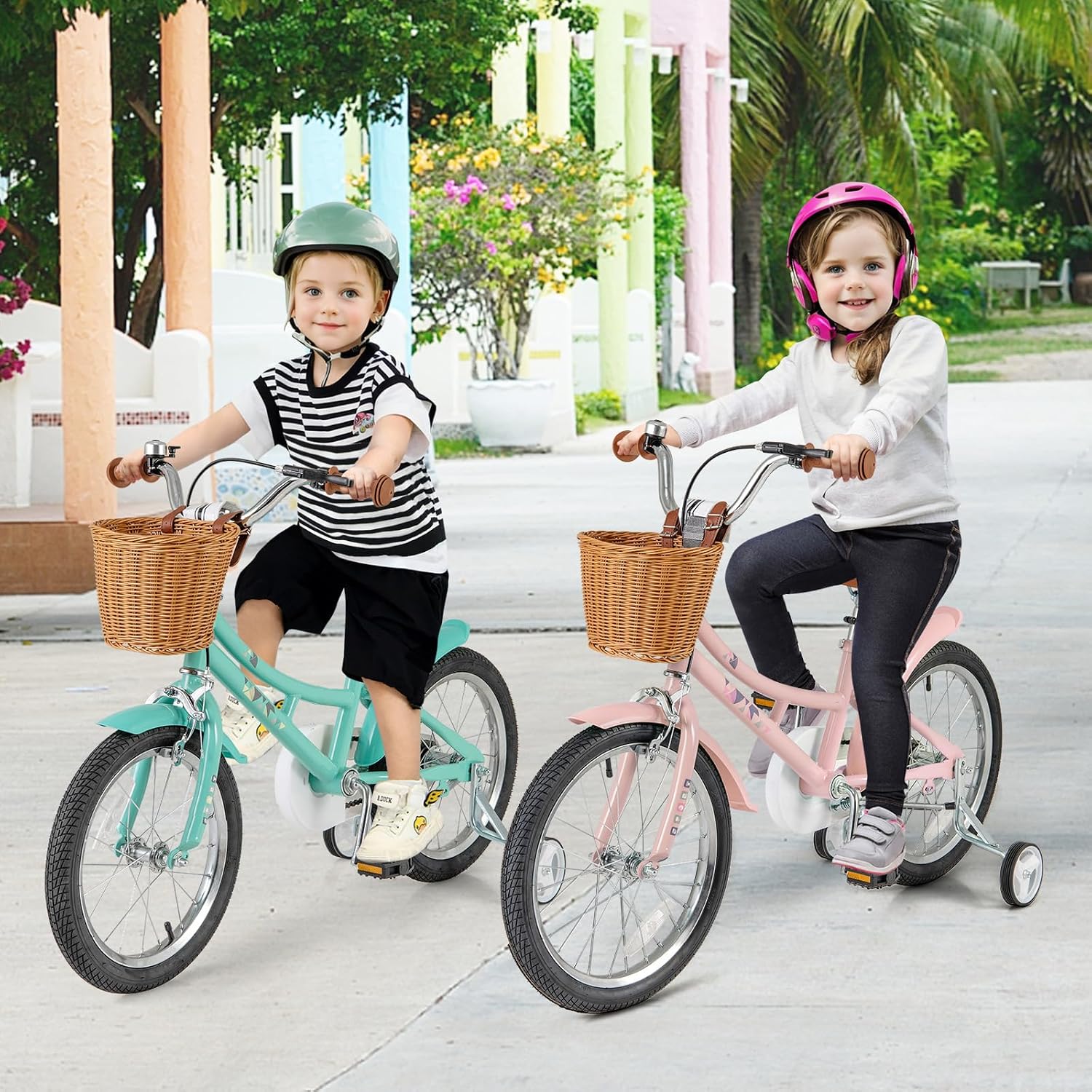 BABY JOY Retro Kids Bike, 12 14 16 18 Inch Child Bike for 3-8 Years Old w/Rattan Basket, Adjustable Height, Training Wheels, Fenders, Handbrake Coaster Brake, 95% Pre-Assembled Kids Bicycle for Girls