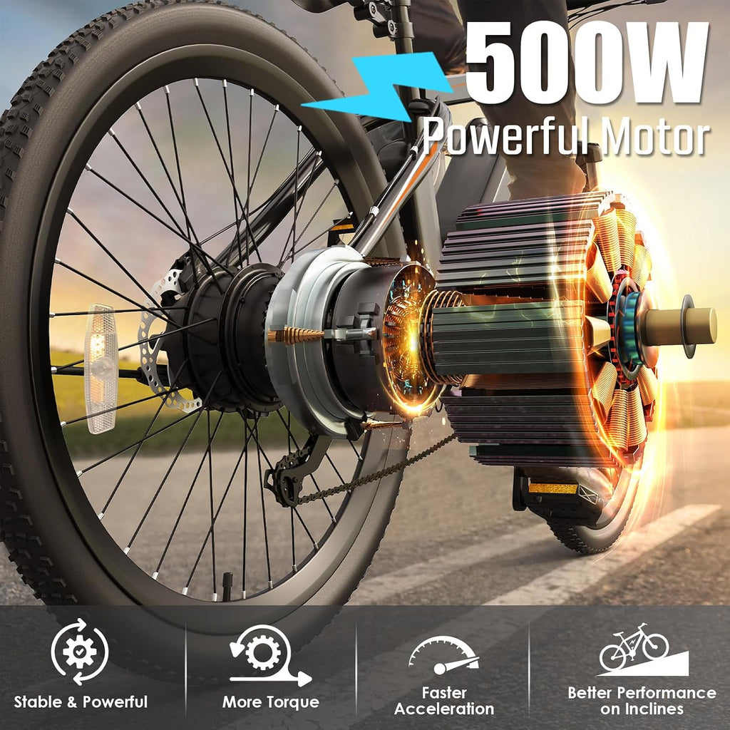 GOCIO 500W Electric Bike 26' Mountain Bicycle Adults Cruise Control Pedal Assist 48V 375Wh Battery 21-Speed E-Bike UL2849
