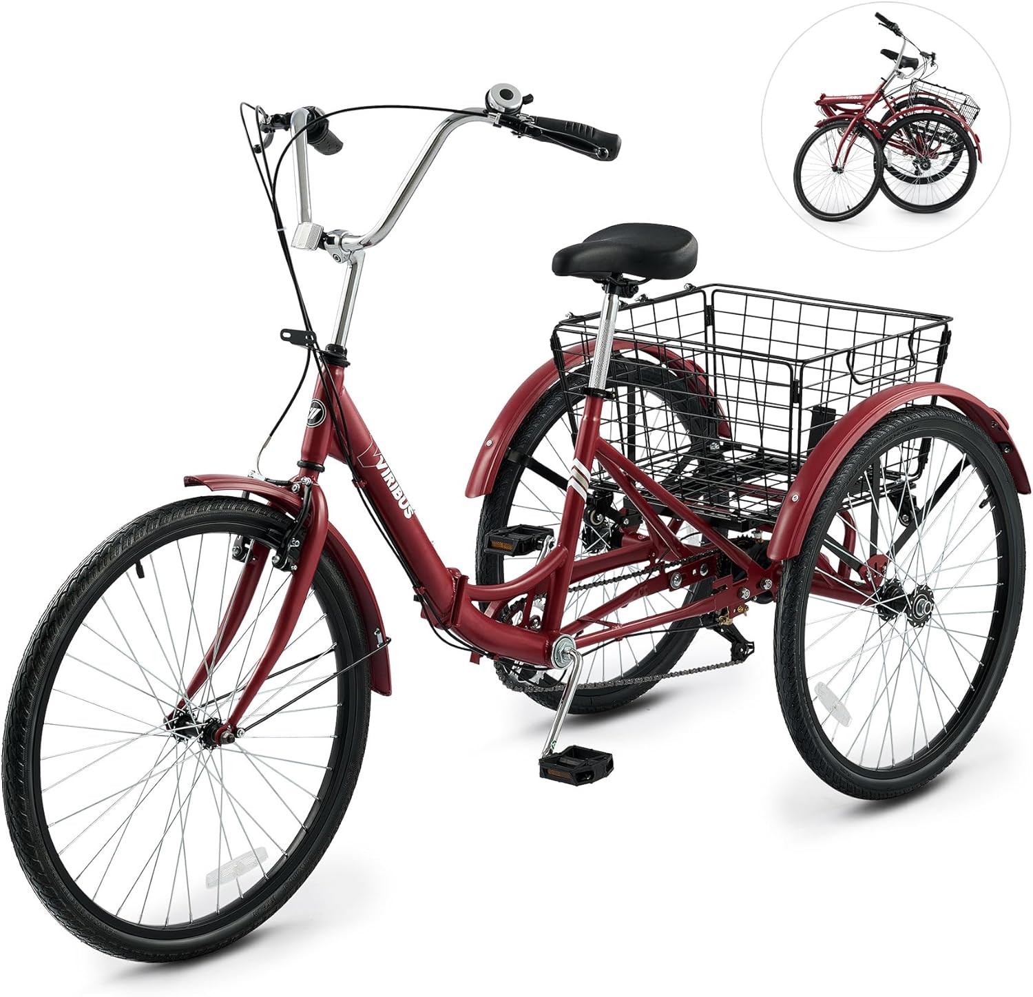 VIRIBUS Folding Tricycle for Adults, 7 Speed Foldable Adult Tricycle with Removable Wheeled Basket, Folding 3 Wheel Bikes for Women Men Seniors 24 26 inch, Collapsible Three Wheeler Trike 330 LB.