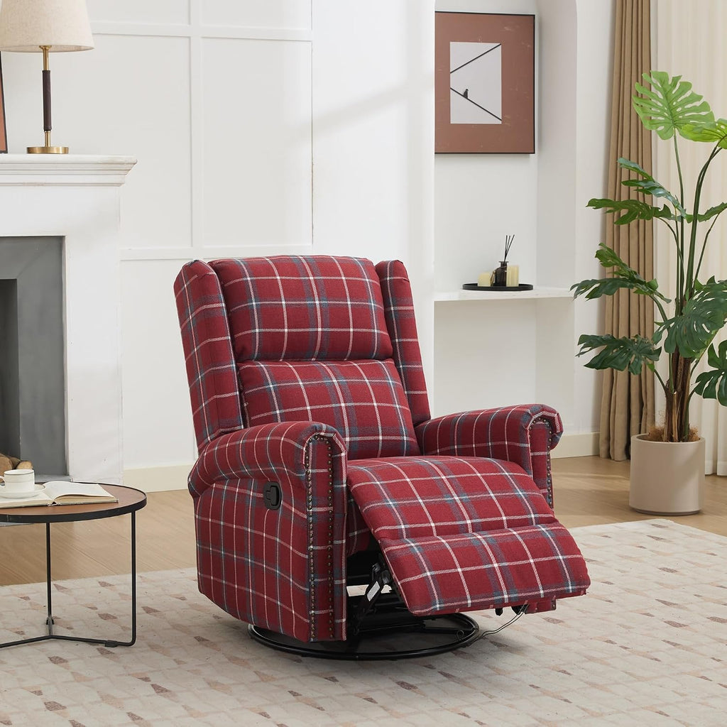Swivel Rocker Recliner Chair, Manual Rocking Recliner Chair, Wingback Swivel Recliner Chair, Glider 360 Degree Swivel Chair with Padded Seat, Swivel Recliner Chairs for Living Room - Red