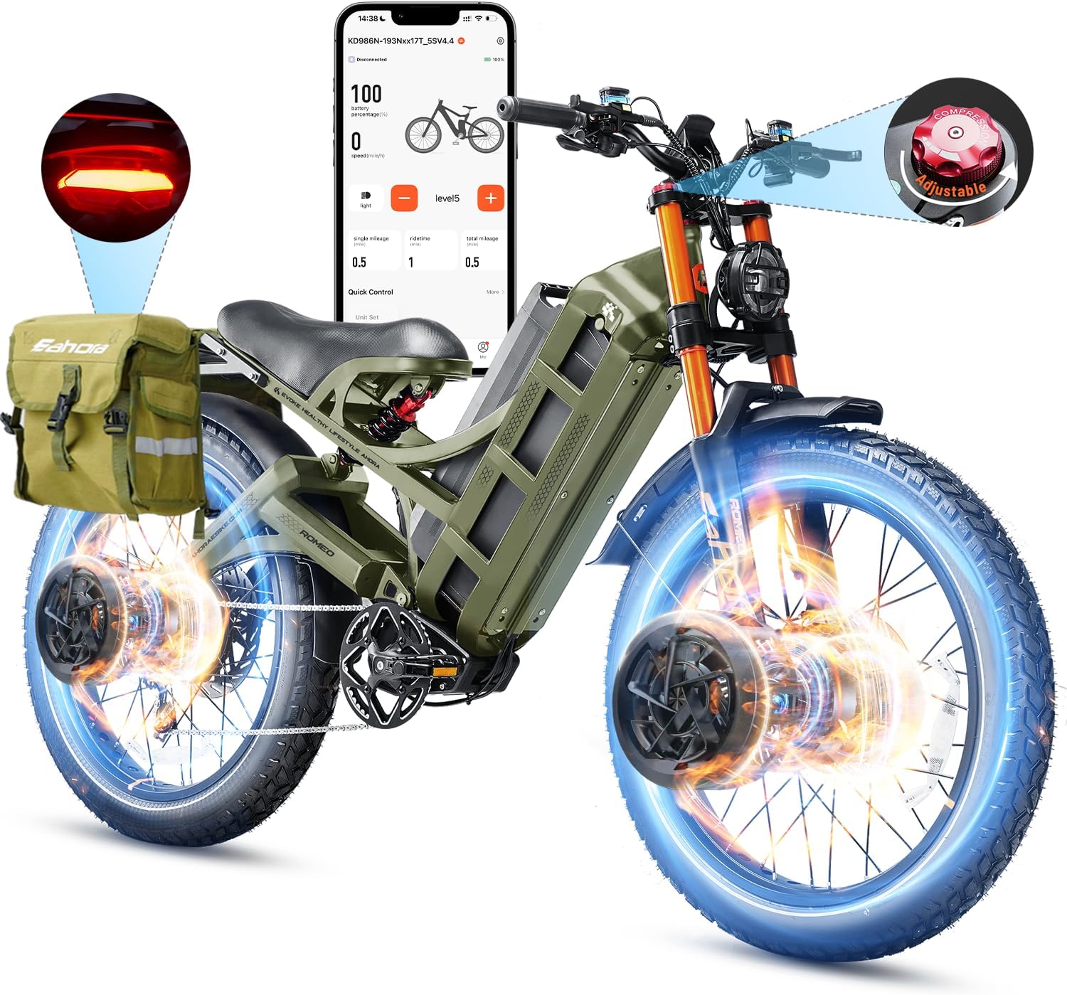 eAhora 2026 Romeo Pro 3 5600W 50Mph High-Torque Ebike, 60V 80Ah 250-Mile Long Range Electric Bike for Adults, Adjustable Air Suspension, 26'' Puncture-Proof Tire, UL 2849 Certified by TÜV