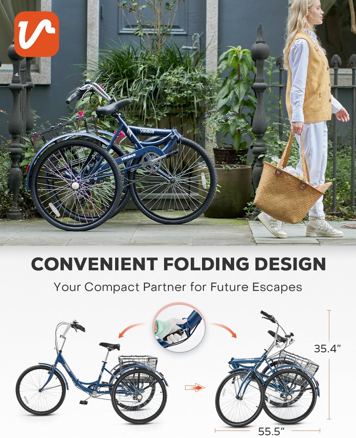 VIRIBUS Folding Tricycle for Adults, 7 Speed Foldable Adult Tricycle with Removable Wheeled Basket, Folding 3 Wheel Bikes for Women Men Seniors 24 26 inch, Collapsible Three Wheeler Trike 330 LB.