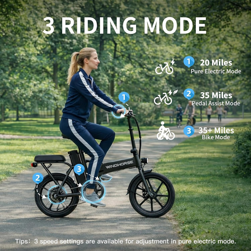 WINDHORSE 16' Folding Electric Bike for Adults, 630W Peak Electric Bicycle, 20MPH, 20-35 Miles Range, 288Wh Removable Battery, UL2849 Certified Commuter Ebike