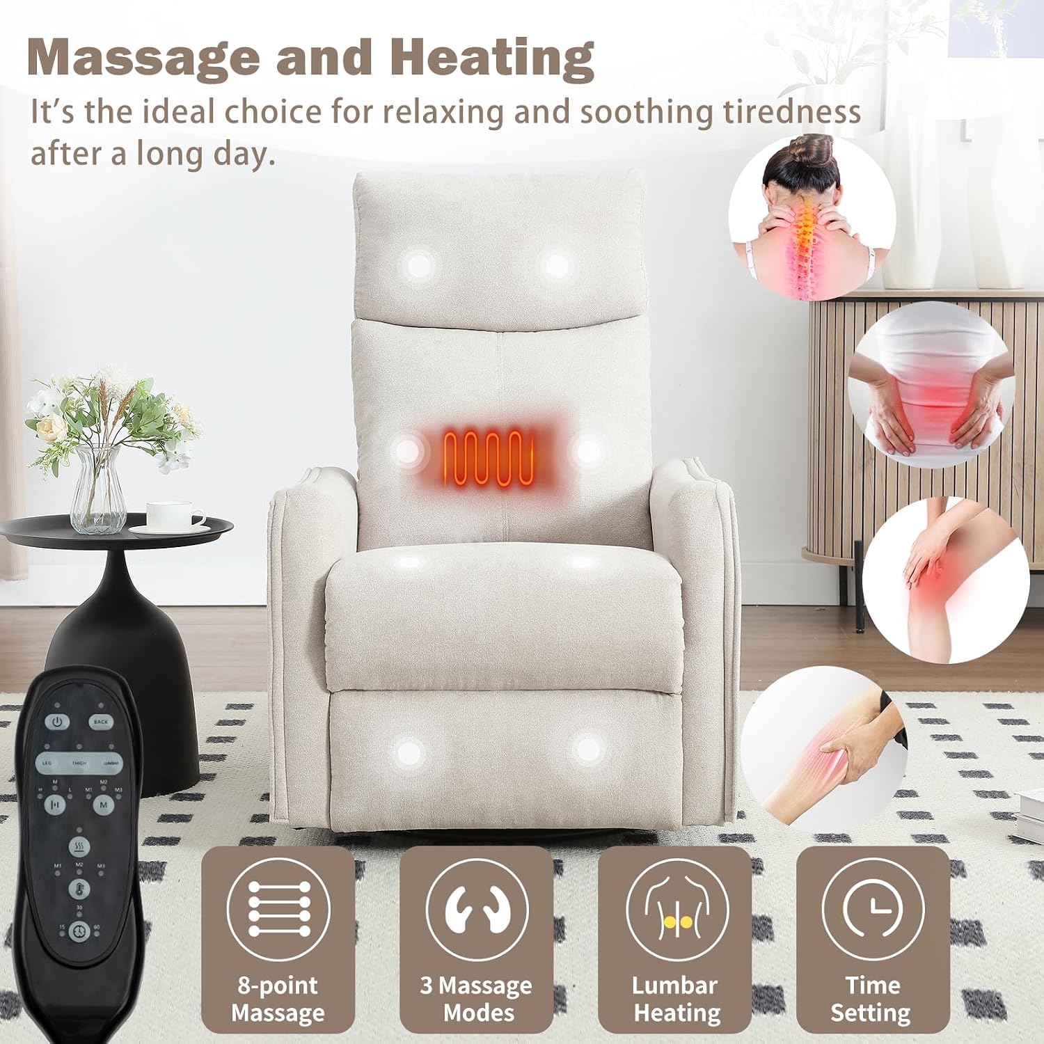 cinkehome Swivel Rocker Recliner Chair with Heated Massage, Rocking Reclining Chairs for Nursery, Small Spaces, High Back, Side Pocket