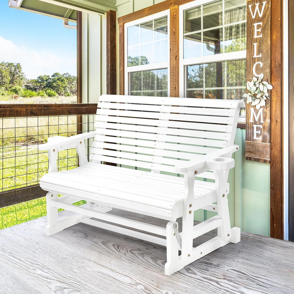 VINGLI Outdoor Glider Wood Patio Chair with Cup Holders, Outdoor Bench Glider Loveseat with Smooth Rocking Mechanism, Heavy Duty 800 LBS, White