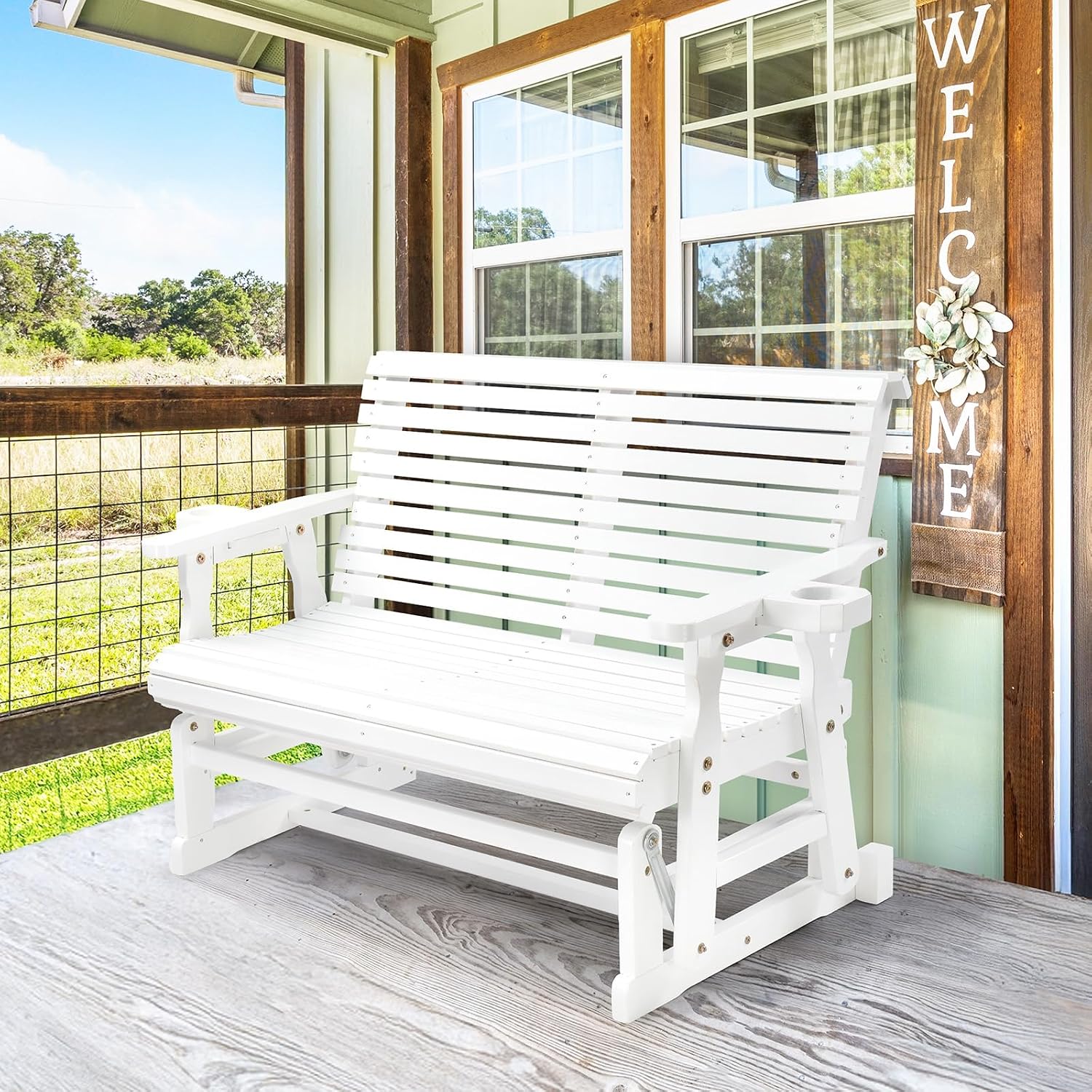 VINGLI Outdoor Glider Wood Patio Chair with Cup Holders, Outdoor Bench Glider Loveseat with Smooth Rocking Mechanism, Heavy Duty 800 LBS, White