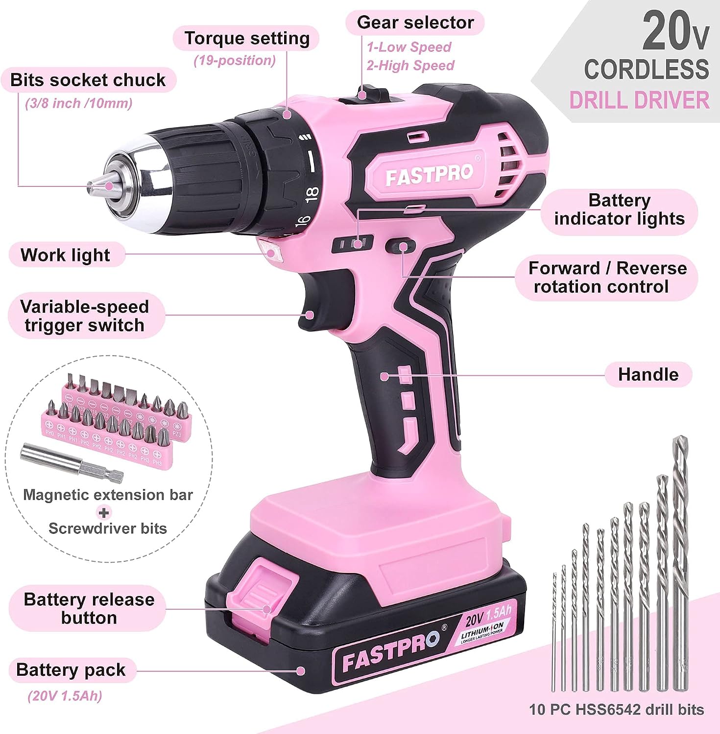 FASTPRO 232-Piece Pink Tool Set with Drill, 20V Cordless Drill Driver and Home Tool Set, Pink Drill Set for Women, Lady's Repairing Kit with 12-Inch Storage Bag, Pink