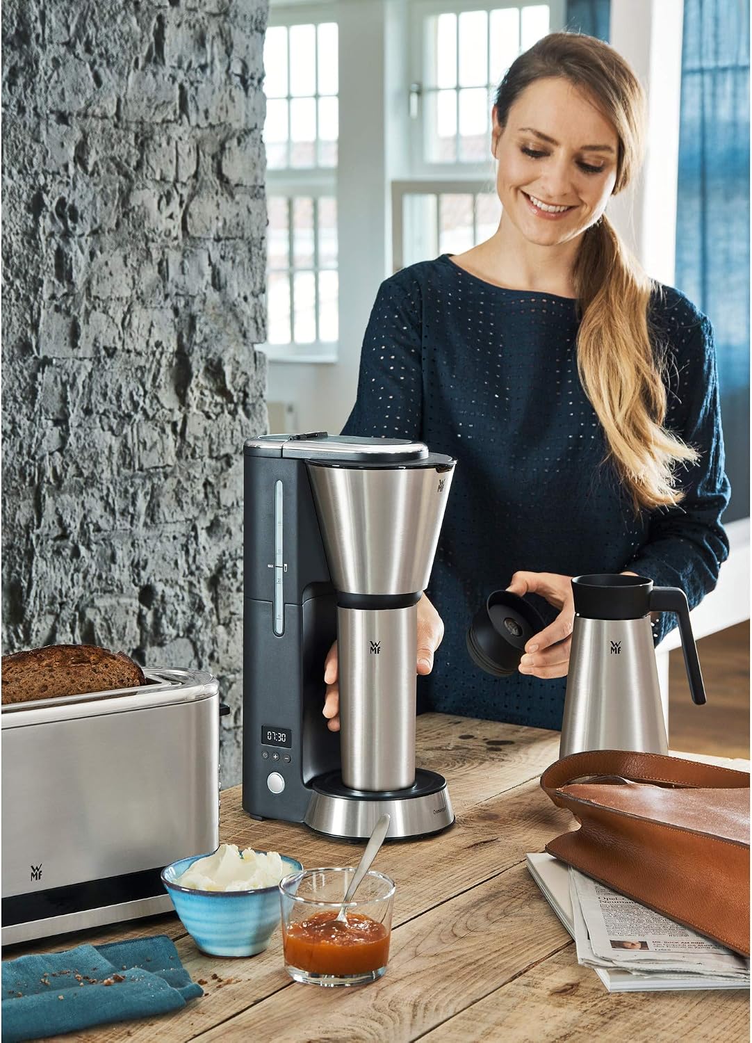 WMF KITCHENminis 0412260011 Aroma Filter Coffee Maker, Thermo-To-Go, Compact, Insulated Jug and Takeaway Mug, Cromargan High Quality, 760 W, Up to 5 Cups