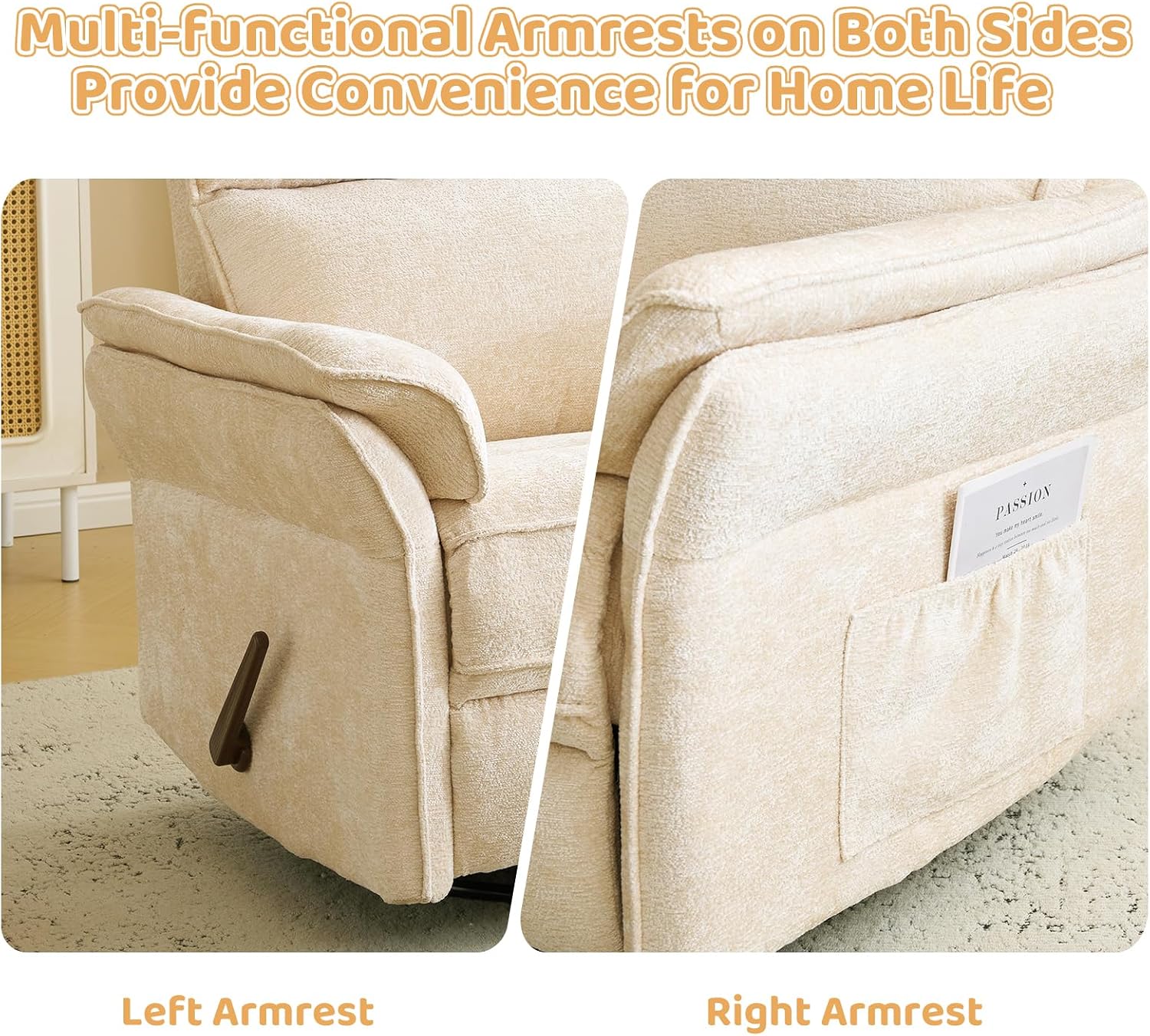 Oversized Swivel Rocker Recliner with Adjustable Headrest, Rocking Chair Nursery with Overstuffed Armrest, Manual Rocker Recliner Nursery Chair for Living Room,Beige