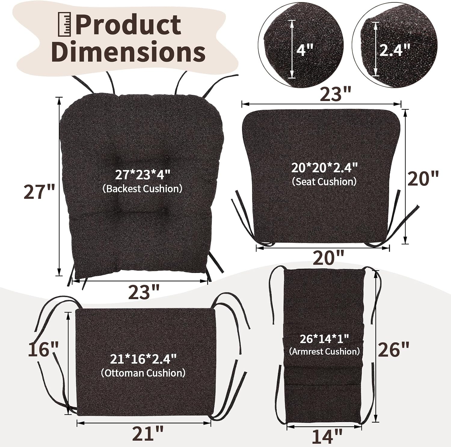 SINOSSO Glider Rocker Cushion Set (5 Pcs), Soft Blended Fabric High-Density Support Foam Seat Cushions with Ties, Fits Rocking Chair/Nursery Glider & Ottoman, Dark Brown