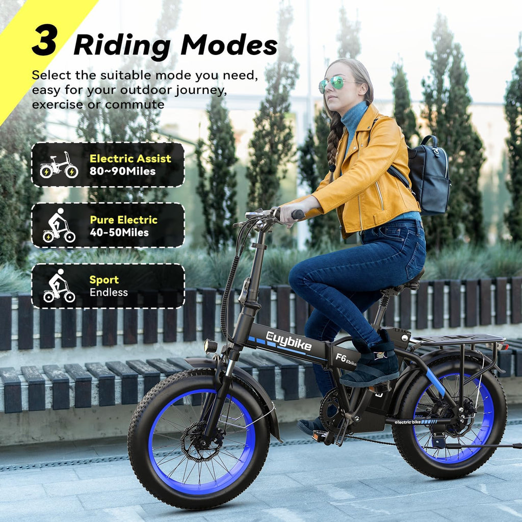 EUYBIKE Foldable Electric Bike for Adults, 30+MPH, 48V 20Ah Removable Battery up to 80Miles, 20' Fat Tire 1000W Peak Motor Adult Electric Bicycle for Beach Mountain E Bike Blue Black with Safety Seat