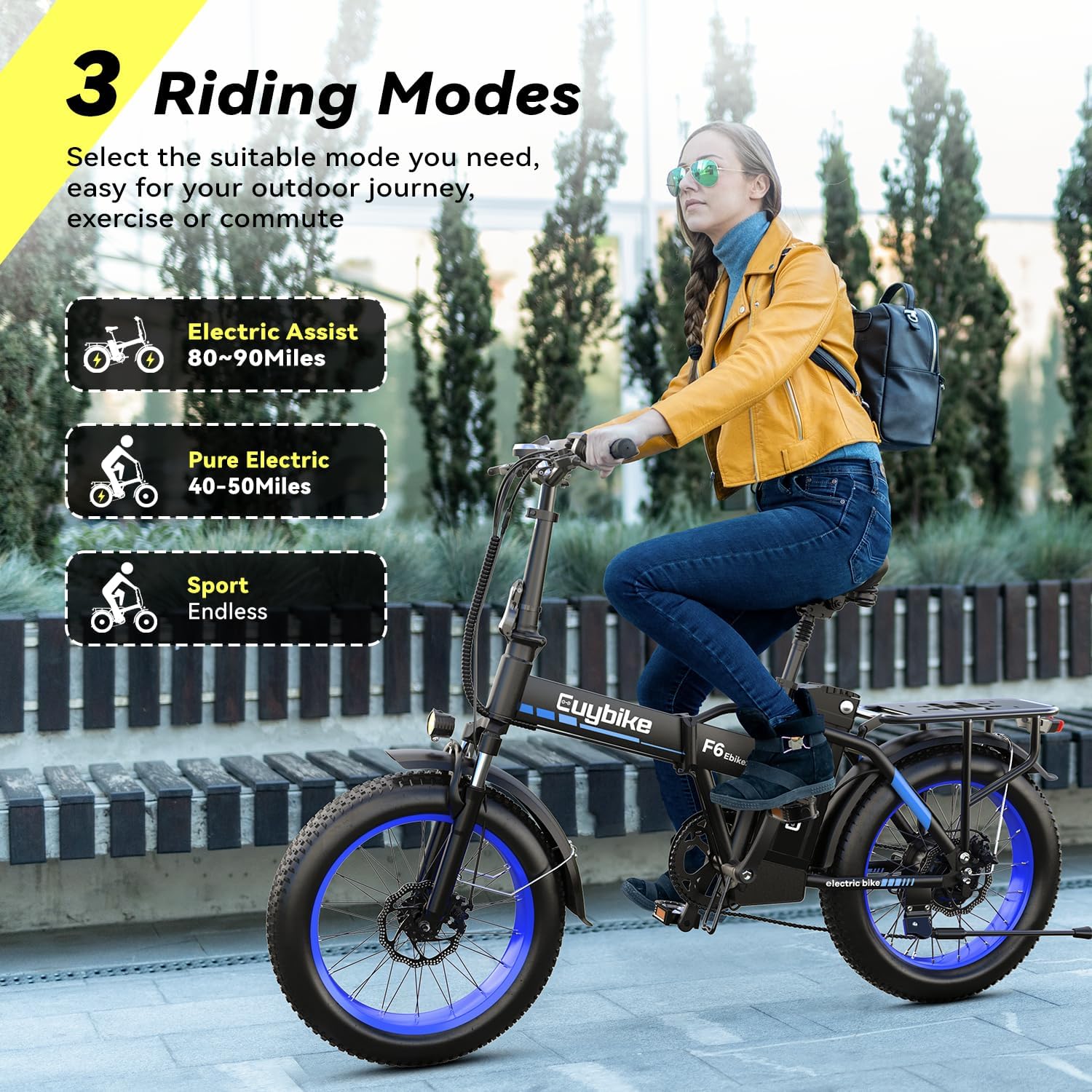 EUYBIKE Foldable Electric Bike for Adults, 30+MPH, 48V 20Ah Removable Battery up to 80Miles, 20' Fat Tire 1000W Peak Motor Adult Electric Bicycle for Beach Mountain E Bike Blue Black with Safety Seat