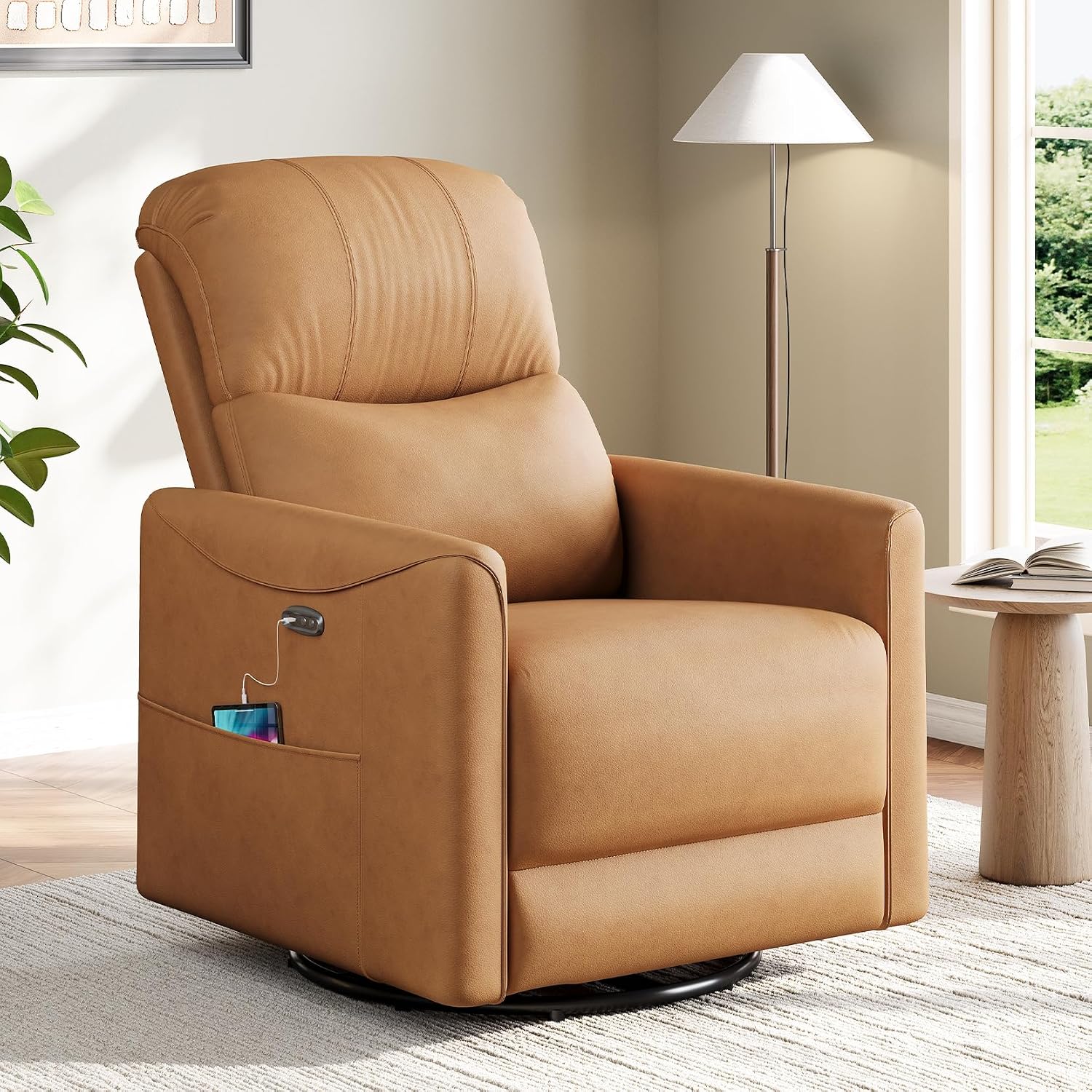 Welzona Power Swivel Rocker Recliner, 360° Swivel Nursery Rocking Chair, PU Leather Glider Rocking Recliner, Infinite Position Electric Chair for Adults with USB Port for Living Room, Amber Yellow