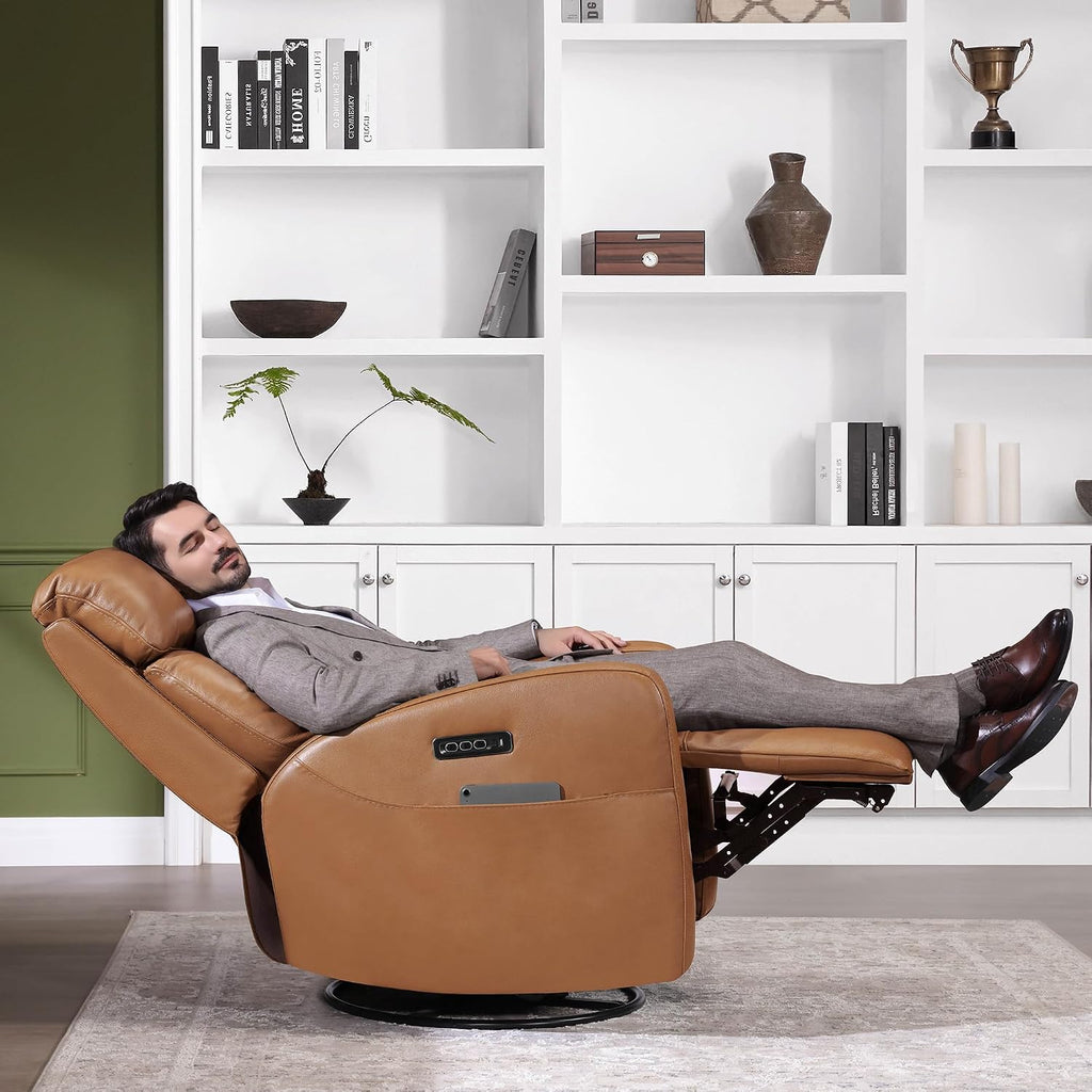 CHITA Leather Power Swivel Recliner Chair for Adults, Triple Motor Electric Rocker Recliner for Living Room with Adjustable Headrest and Lumbar Support, USB & Type-C Charging Ports, Saddle Brown
