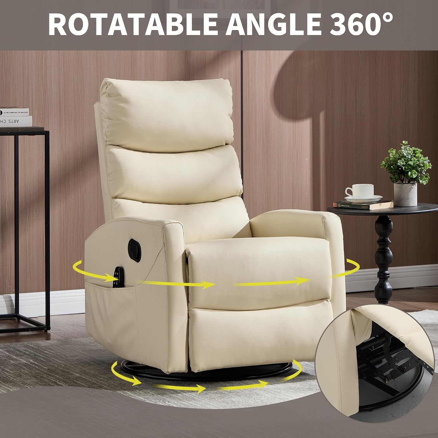 PELUMY 360° Swivel Rocker Recliner with Heat & Vibration Massage, Glider Rocking Chair for Adults, Compact Recliner for Living Room, Small Spaces, Nursery, Bedroom (Breathable Leather, Creamy Beige)