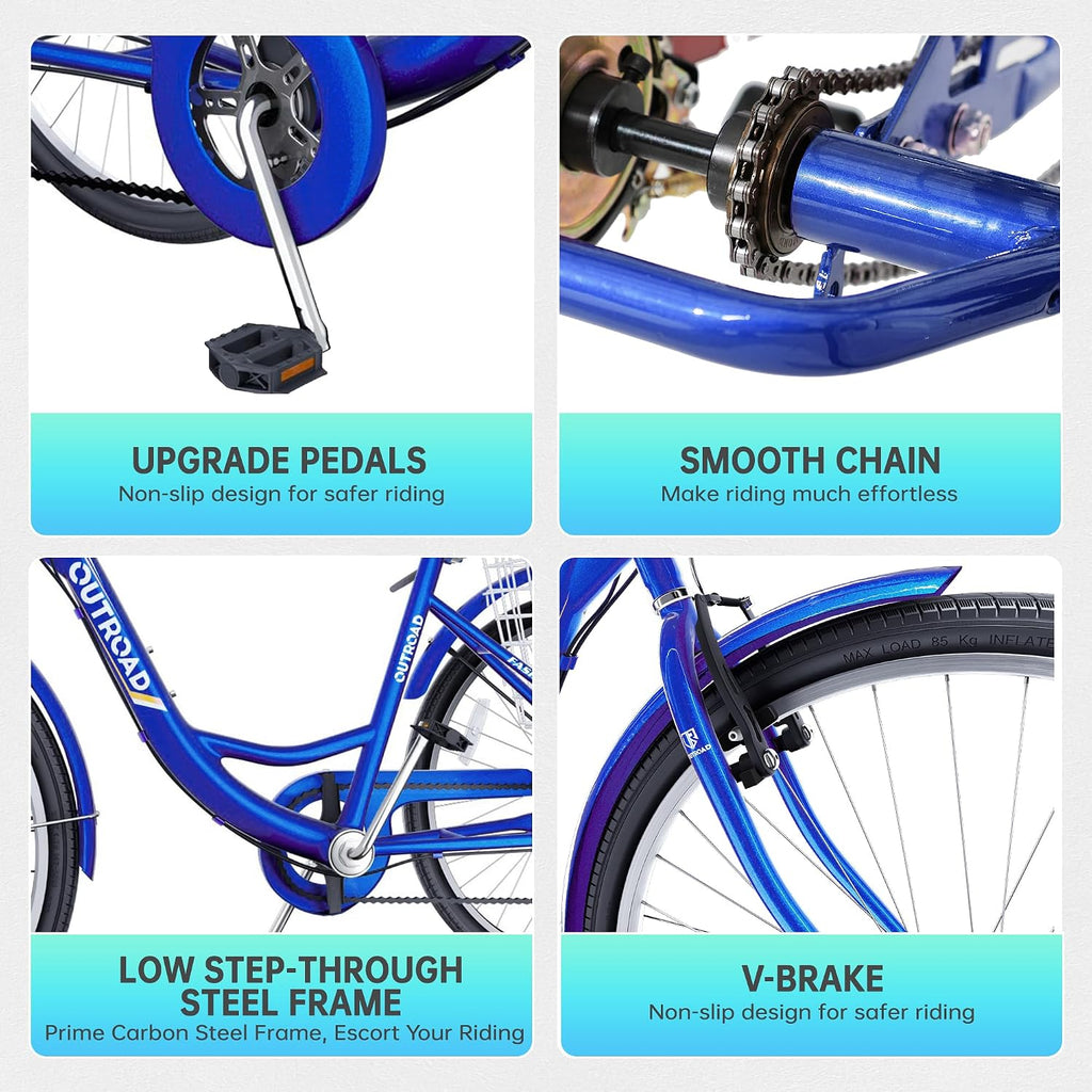 Single Speed Adult Tricycle, 3 Wheel Bikes with Large Basket, Cruiser Bike for Women/Men/Seniors, Adult Trike for Outdoor/Shopping/Recreation/Picnic(26Inch Blue)