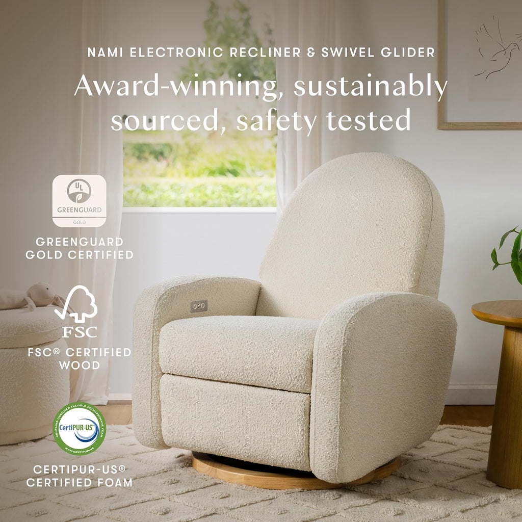Babyletto Nami Electronic Power Recliner and Swivel Glider with USB Port in Ivory Boucle with Light Wood Base, Greenguard Gold and CertiPUR-US Certified
