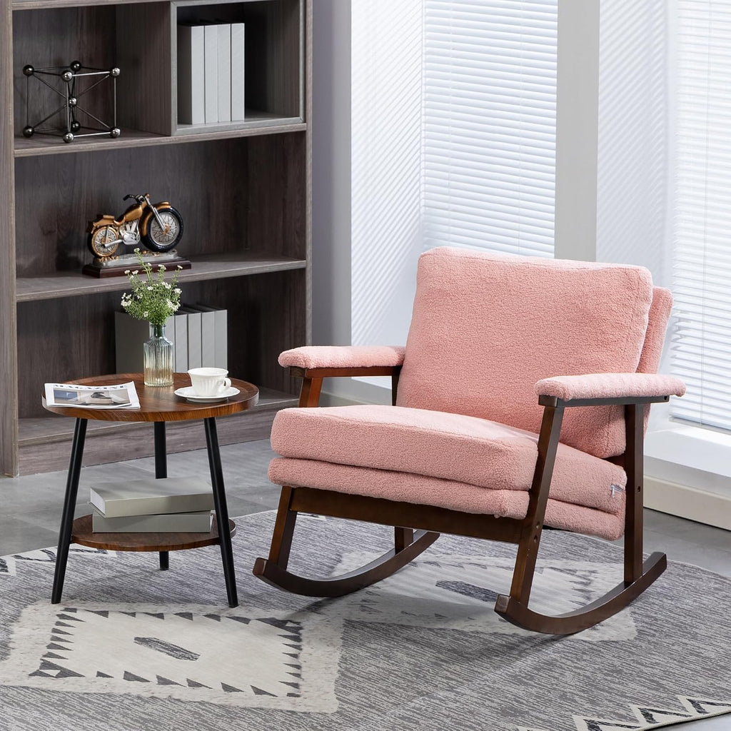 Nursery Rocking Chair Velvet Upholstered Accent Rocker Chair with Backrest Comfy Soft Rocker Glider Solid Rubber Wood Leg for Bedroom Living Room Nursing Room, Pink