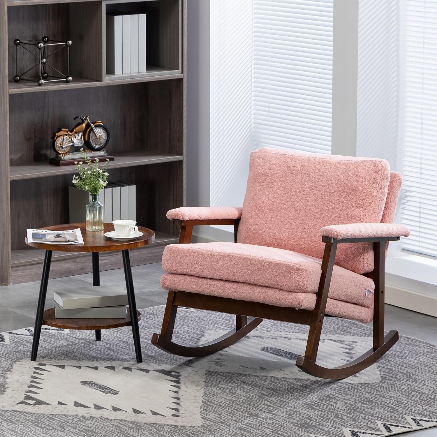 Nursery Rocking Chair Velvet Upholstered Accent Rocker Chair with Backrest Comfy Soft Rocker Glider Solid Rubber Wood Leg for Bedroom Living Room Nursing Room, Pink