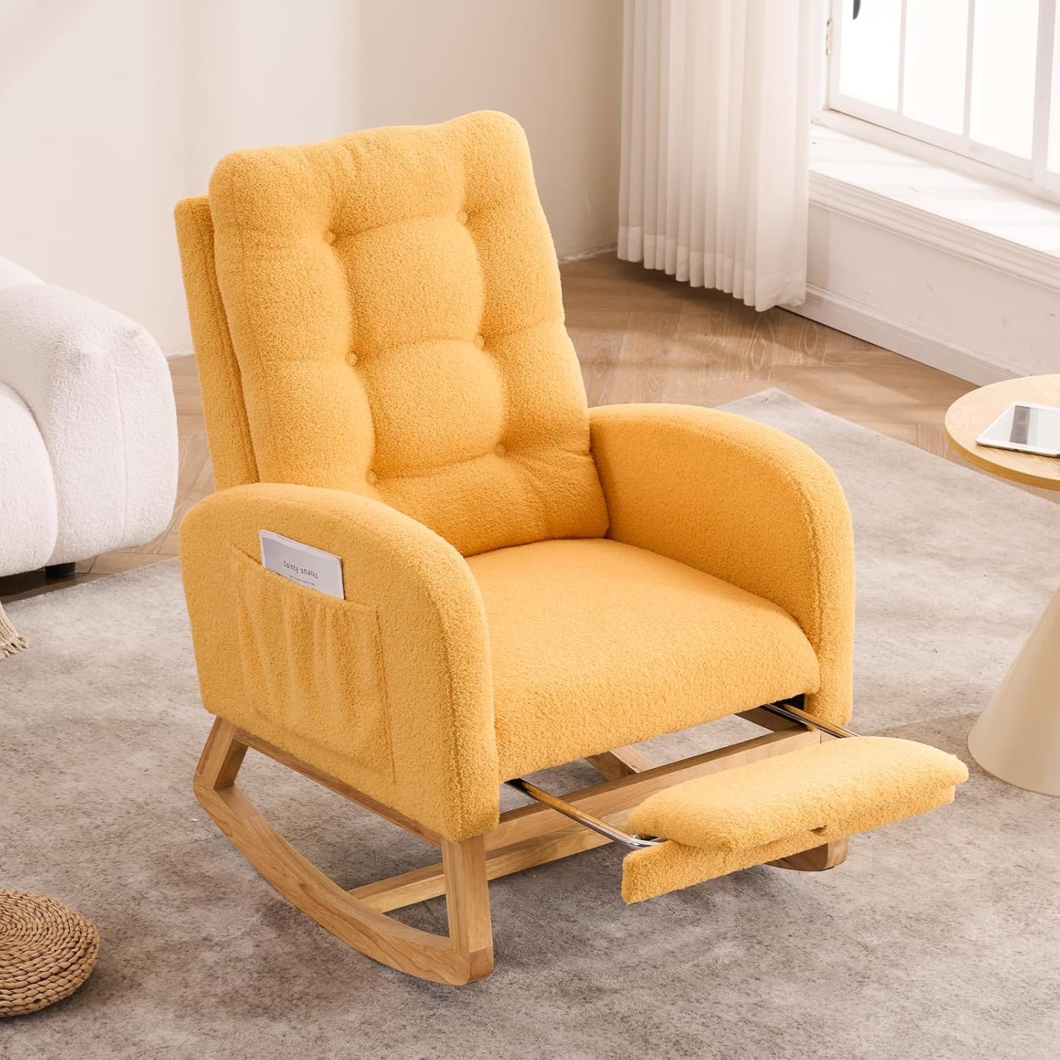 Nursery Rocking Chair with Retractable Footrest,Accent Rocker for Relaxing, Side Pocket,A+ Grade Rubber Wood,Suitable for Living Room,Bedroom and Balcony (Teddy Fleece, Yellow)