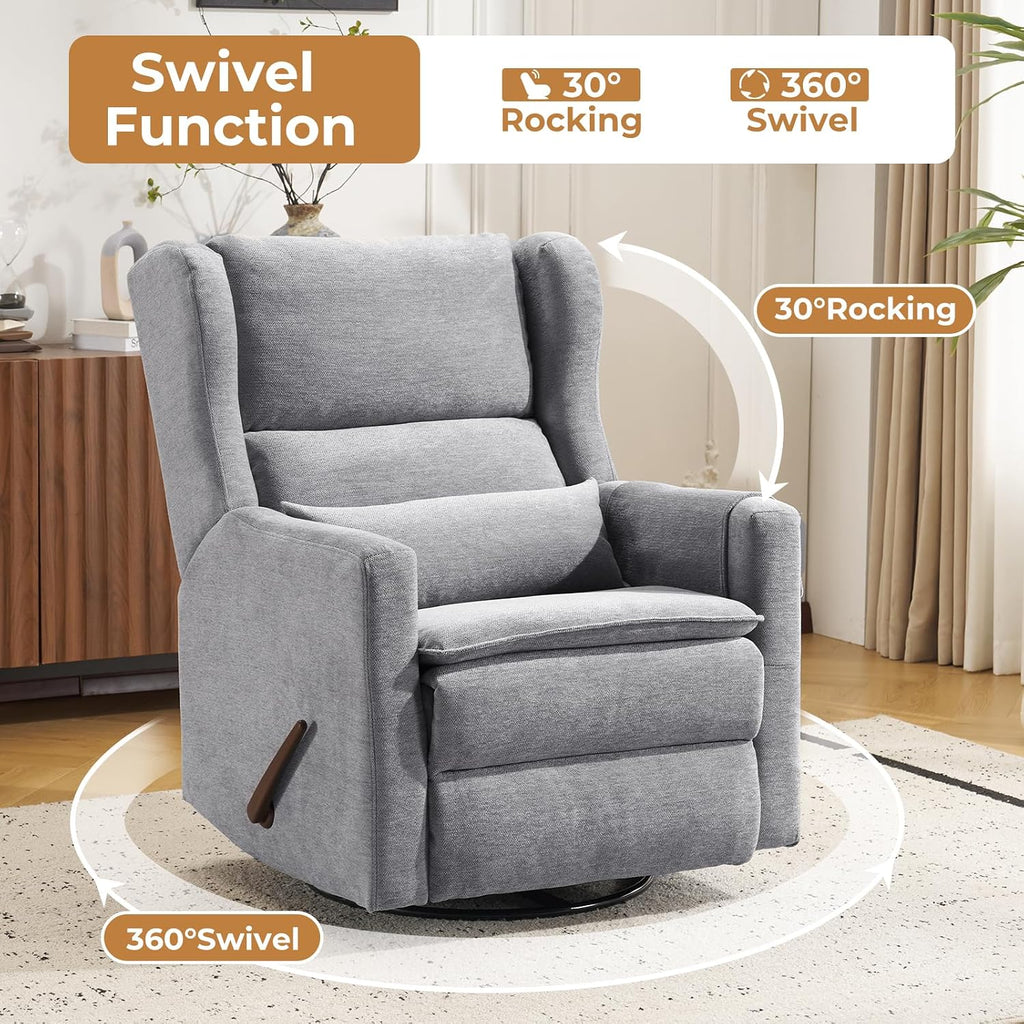Large Glider Rocker Recliner,Rocking Chair Nursery with Adjustable Headrest,Swivel Rocker Recliner with Lumbar Support,Manual Nursery Rocker Recliner for Living Room& Bedroom,Grey