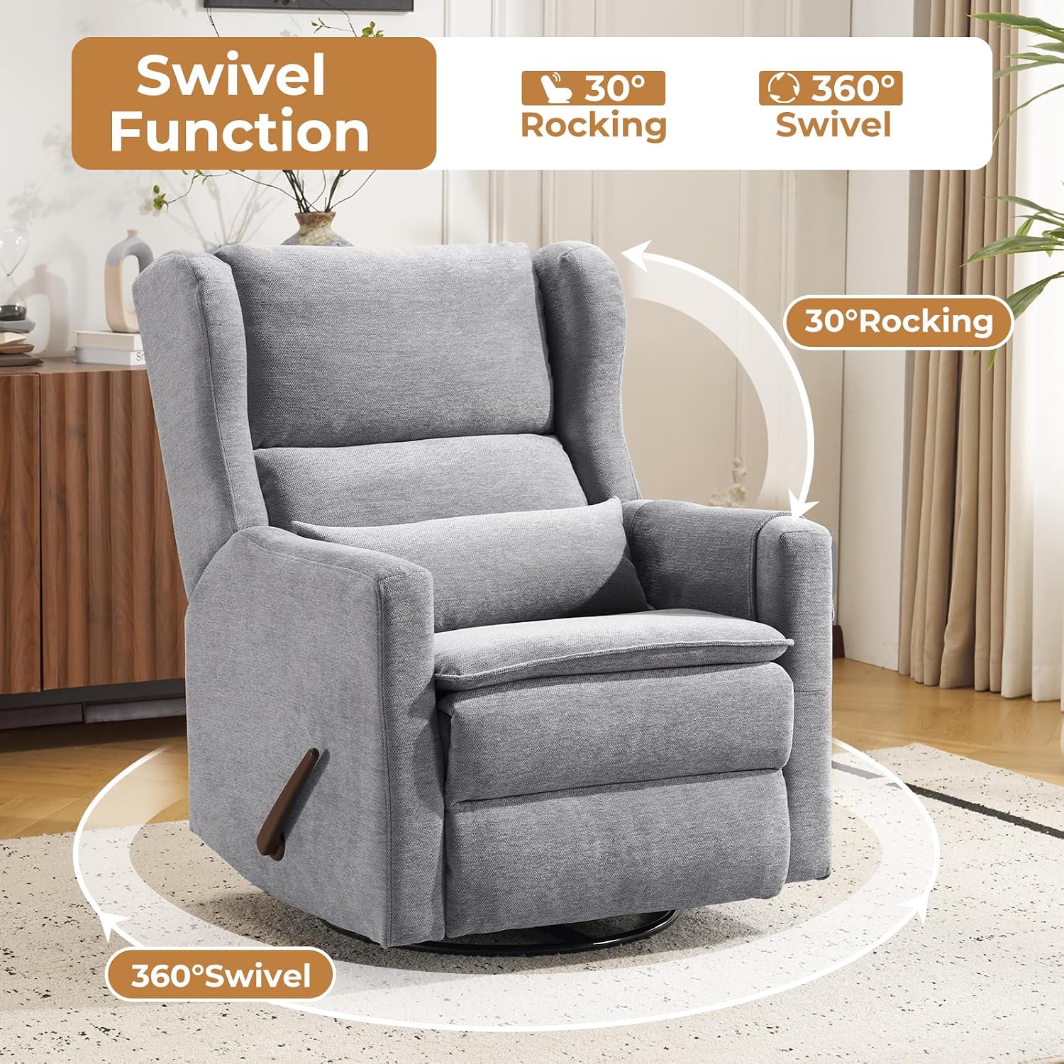 Large Glider Rocker Recliner,Rocking Chair Nursery with Adjustable Headrest,Swivel Rocker Recliner with Lumbar Support,Manual Nursery Rocker Recliner for Living Room& Bedroom,Grey