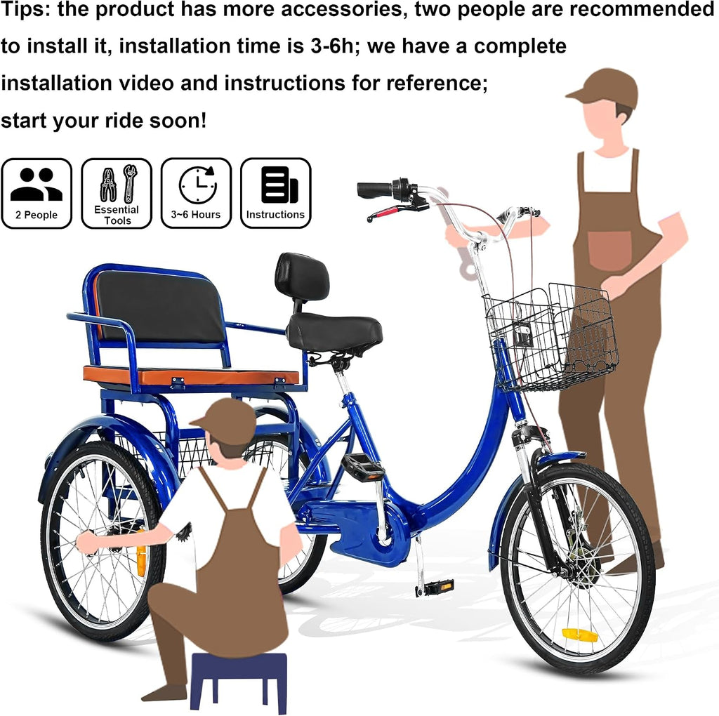 MOOITZ Adult Tricycle, 20 Inch 3-Wheel Bikes, Trike for Adults with Seat, Low Step-Through Cruiser Bike with Front and Rear Baskets, Adult Tricycles for Women, Seniors, Men