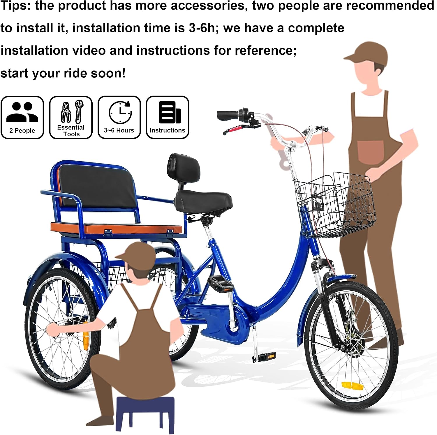 MOOITZ Adult Tricycle, 20 Inch 3-Wheel Bikes, Trike for Adults with Seat, Low Step-Through Cruiser Bike with Front and Rear Baskets, Adult Tricycles for Women, Seniors, Men