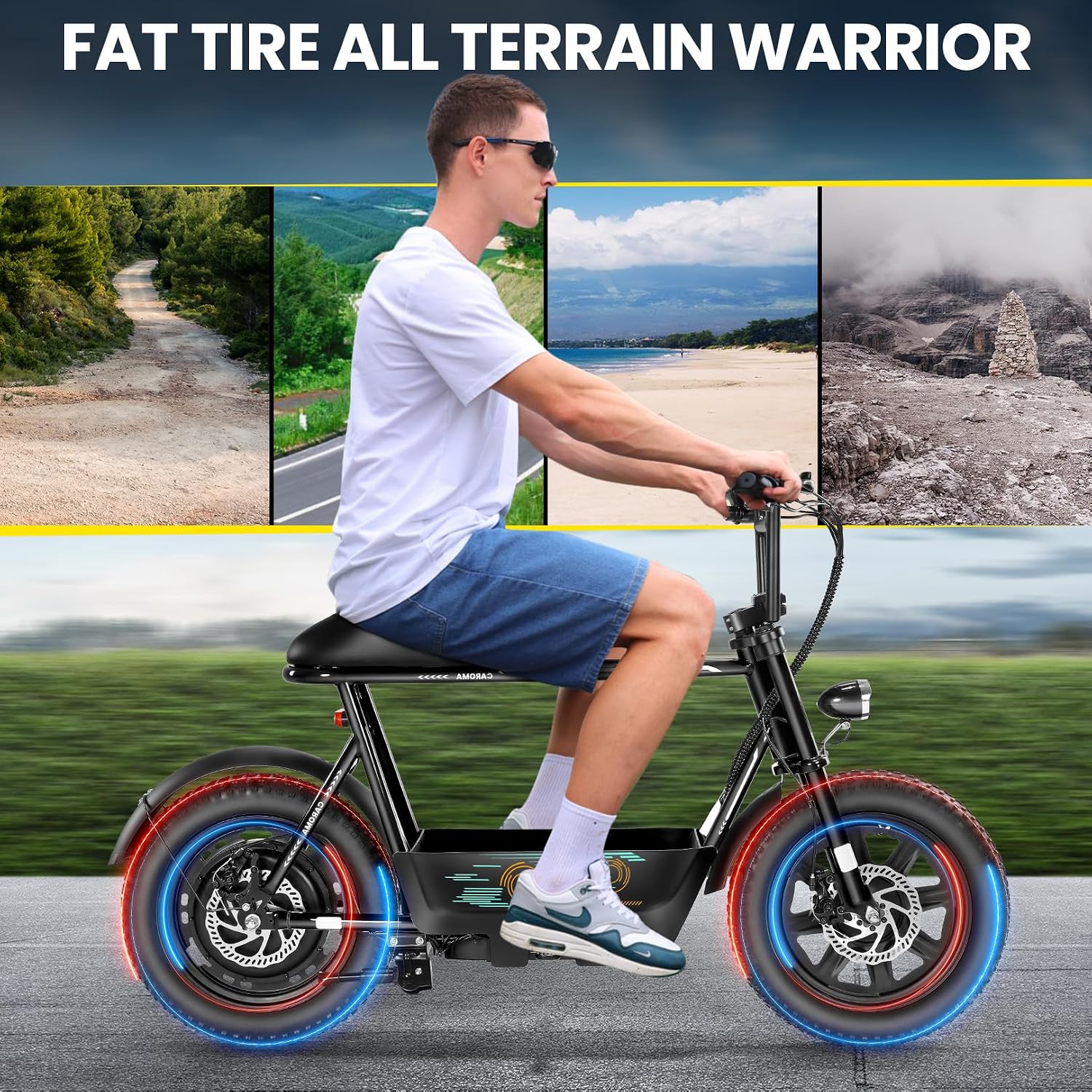 Caroma Peak 1200W/800W/500W Electric Scooter with Seat,16'×3' Fat Tire Ebike All-Terrain,Max 30Miles&20MPH Electric Scooter Adults,Electric Motorcycle Adults with Storage Basket for Pets&Cargo