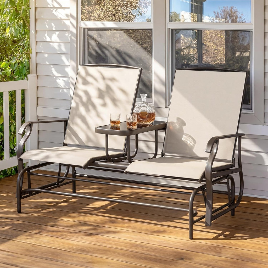 Yaheetech 2-Seat Outdoor Glider with Center Table, Patio Rocking Loveseat with Breathable Mesh Sturdy Metal Frame for Garden Pool Lawn, Beige