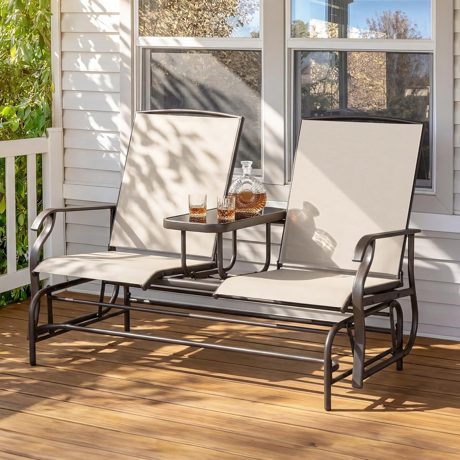Yaheetech 2-Seat Outdoor Glider with Center Table, Patio Rocking Loveseat with Breathable Mesh Sturdy Metal Frame for Garden Pool Lawn, Beige