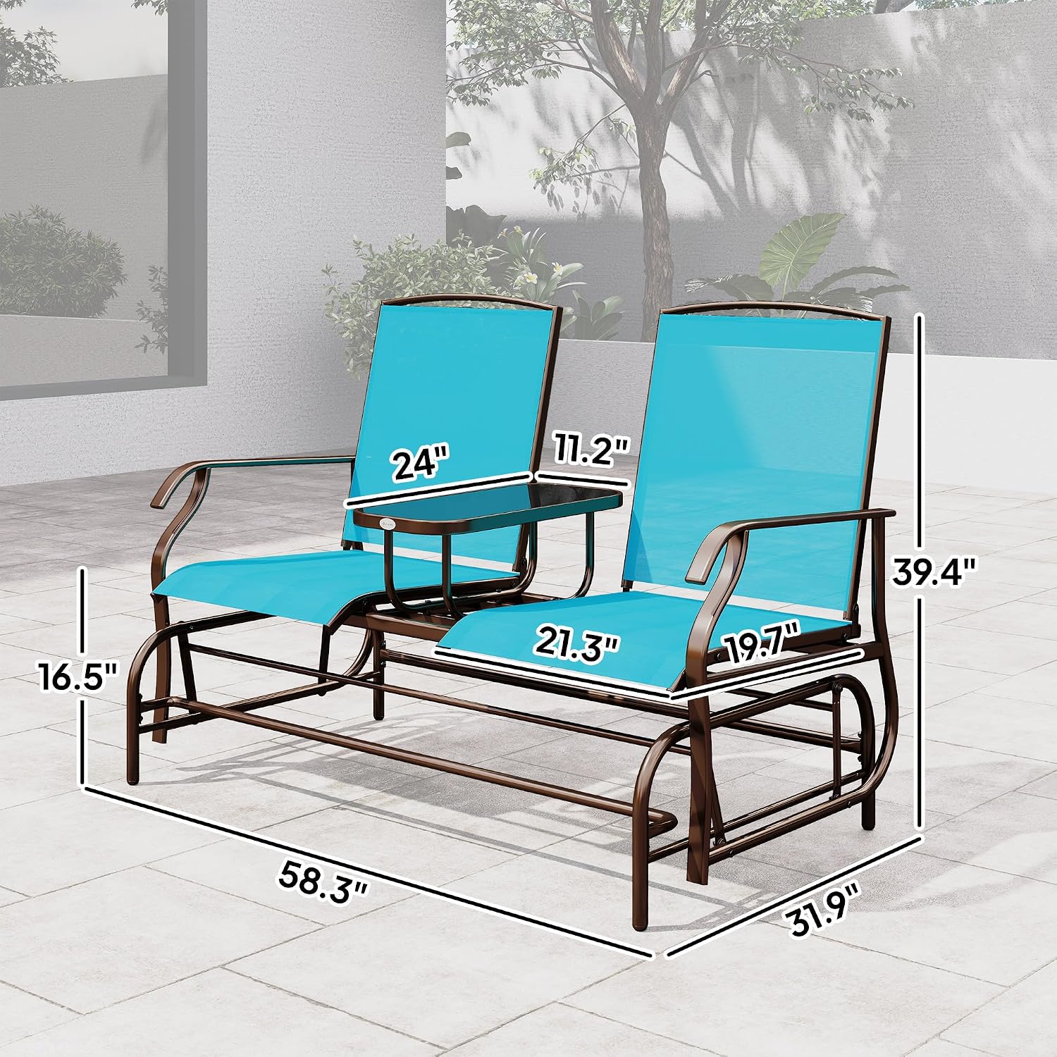 Outsunny Outdoor Glider Bench with Center Table, Metal Frame Patio Loveseat with Breathable Mesh Fabric and Armrests for Backyard Garden Porch, Blue