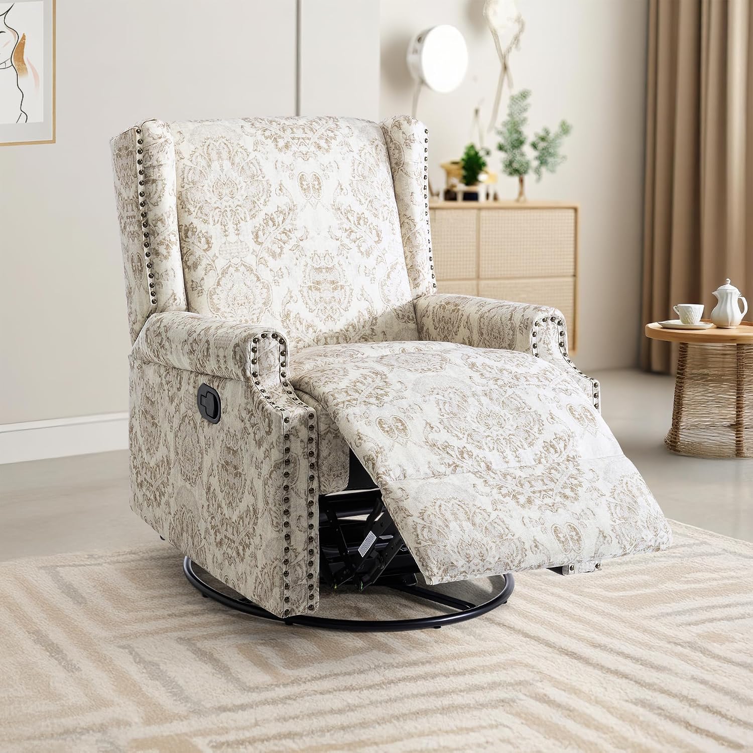 Lumibee Swivel Rocker Recliner Chairs, Printed Fabric Swivel Glider Rocking Chair with High Back, Upholstered Deep Seat Wingback Recliner Chair for Living Room Bedroom, Beige