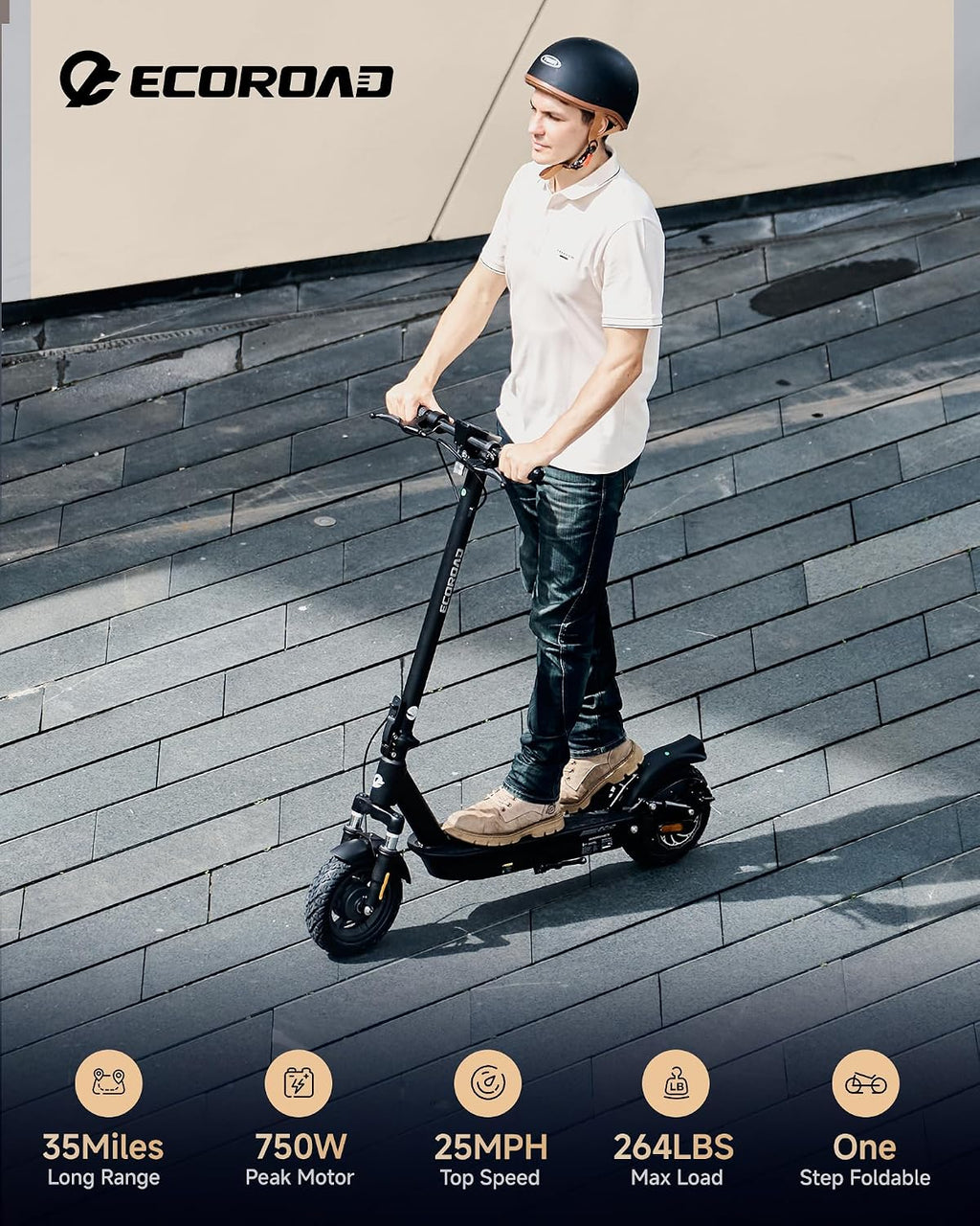 ECOROAD EC10 Electric Scooter for Adults, 750W Motor & 25 MPH & 32 Miles Long Range, 10' Tires with Dual Suspension, Foldable Commuting E Scooter with App Control