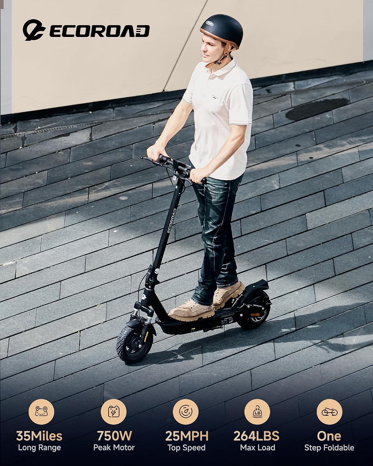 ECOROAD EC10 Electric Scooter for Adults, 750W Motor & 25 MPH & 32 Miles Long Range, 10' Tires with Dual Suspension, Foldable Commuting E Scooter with App Control