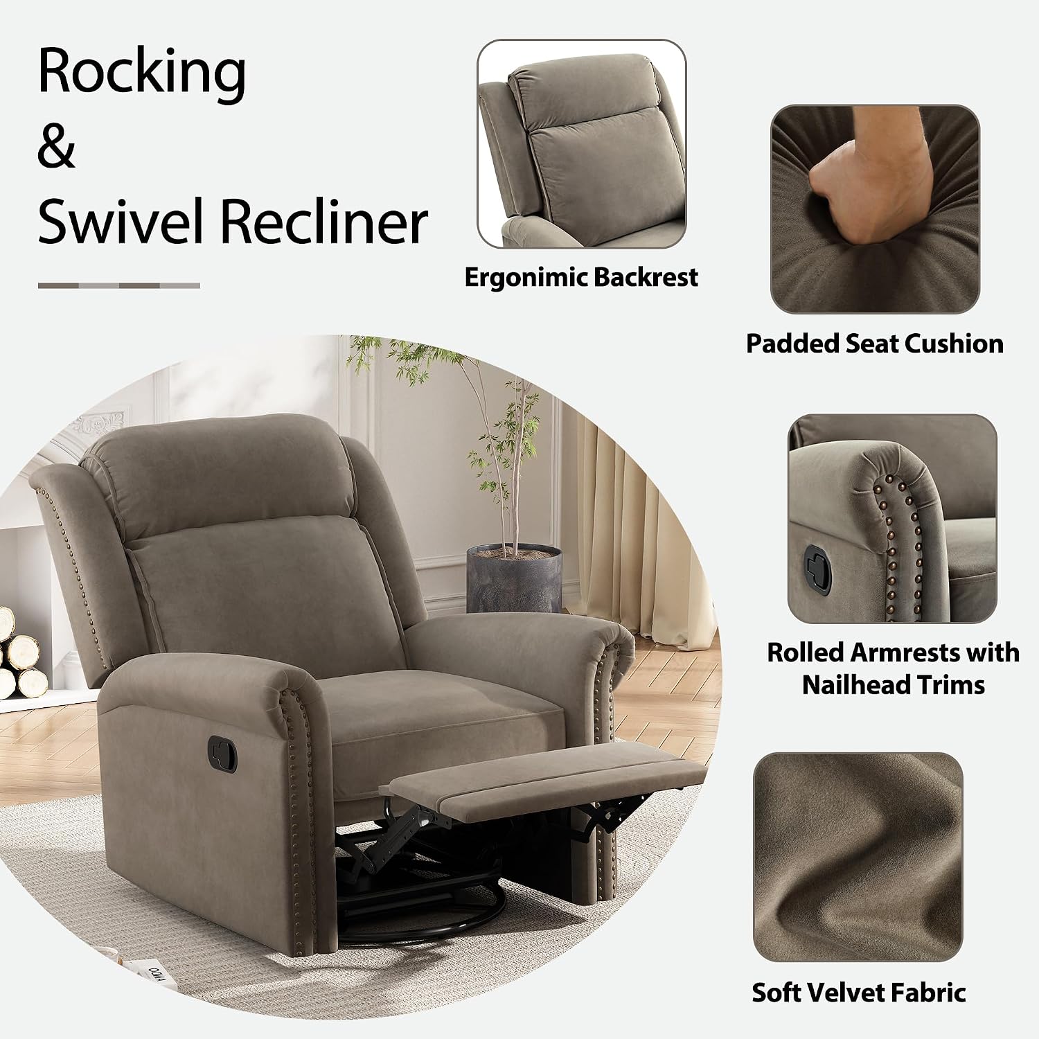 JIVOIT 360° Swivel Recliner Chair with Adjustable Backrest, Manual Rocking Recliner Home Theater Manual Recliner Chair with Metal Base and Velvet Fabric for Living Room (Light Brown, 2)