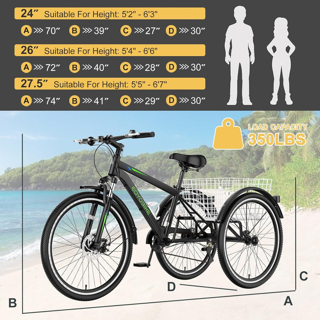 NAIZEA Adult Mountain Tricycle, 7 Speed Three Wheel Cruiser Bike, 27.5 Inch Adults Trikes with Shopping Basket, Exercise Men's Women's Tricycles, Multiple Colors