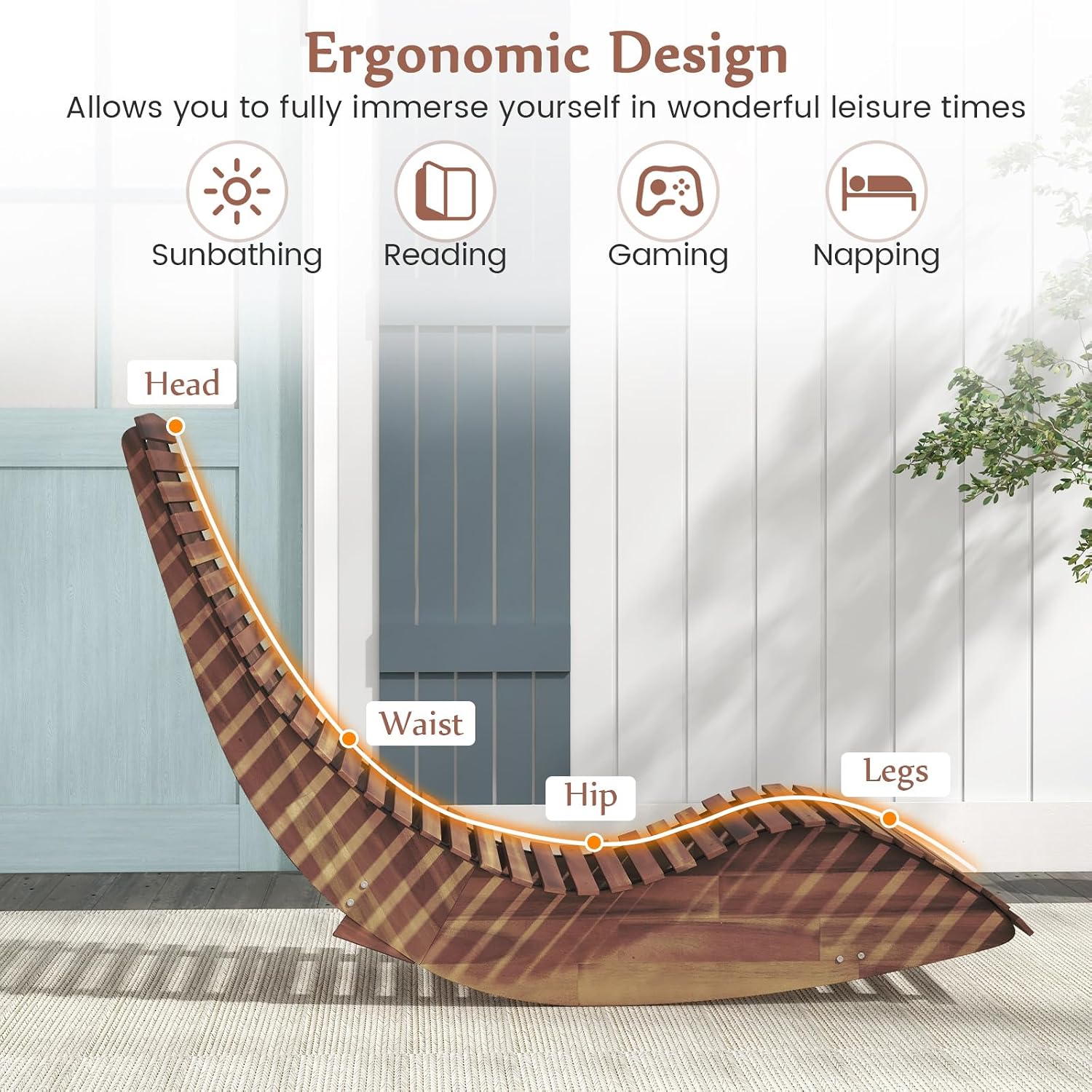 Giantex Outdoor Chaise Lounge Chair, Acacia Wood Patio Lounger with Slatted Design, Rocking Chair, Outdoor Rocker for Sunbathing, Poolside, Beach Lounge Chairs (1, Natural)