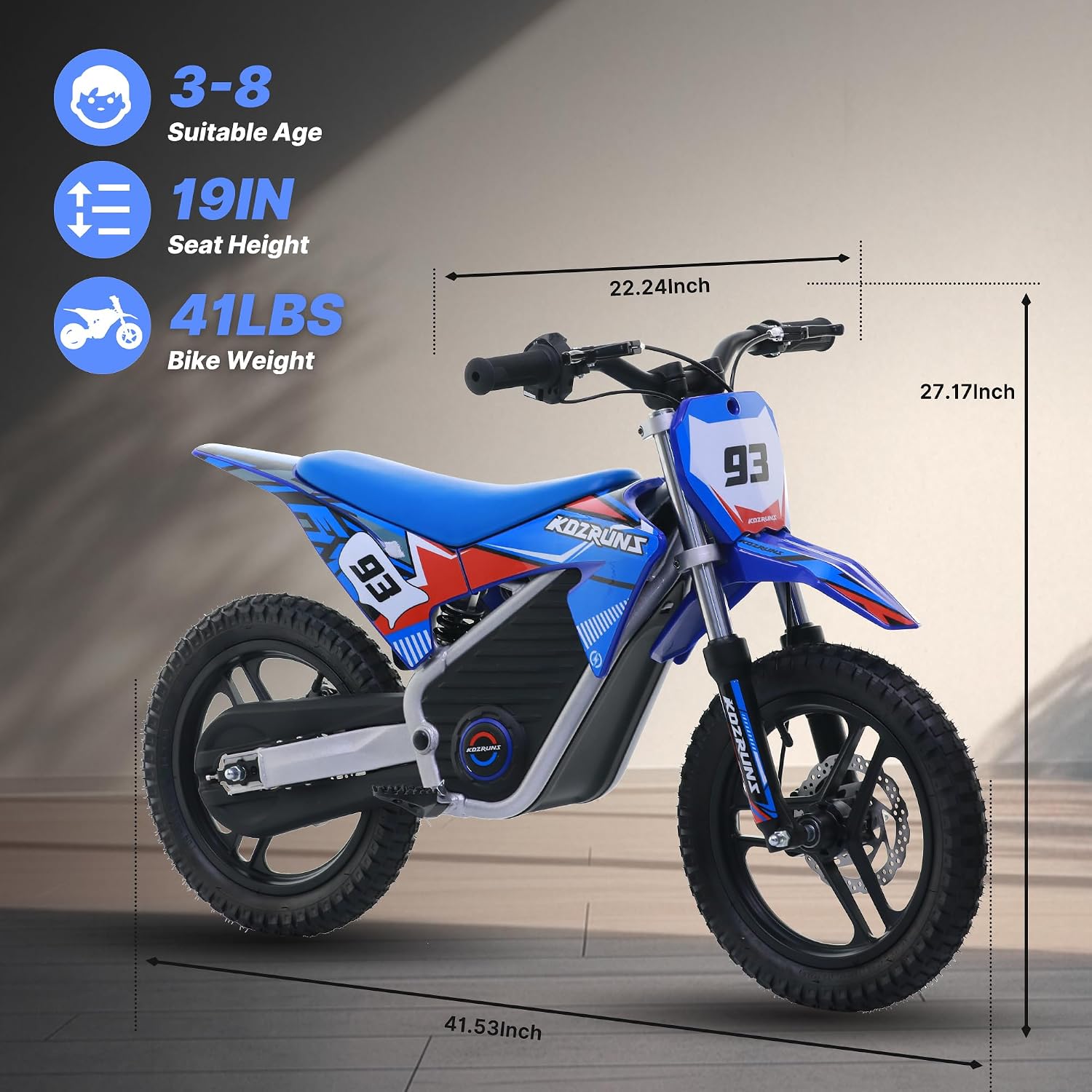 AIII 36V Electric Dirt Bike for Kids 5-10, High Performance 350W Racing Grade Motorcycle, Up to 18.6MPH, 3 Speed Settings, 14-Inch Off-Road Tires, Dual Disc Brakes & Advanced Shock Absorption, Blue