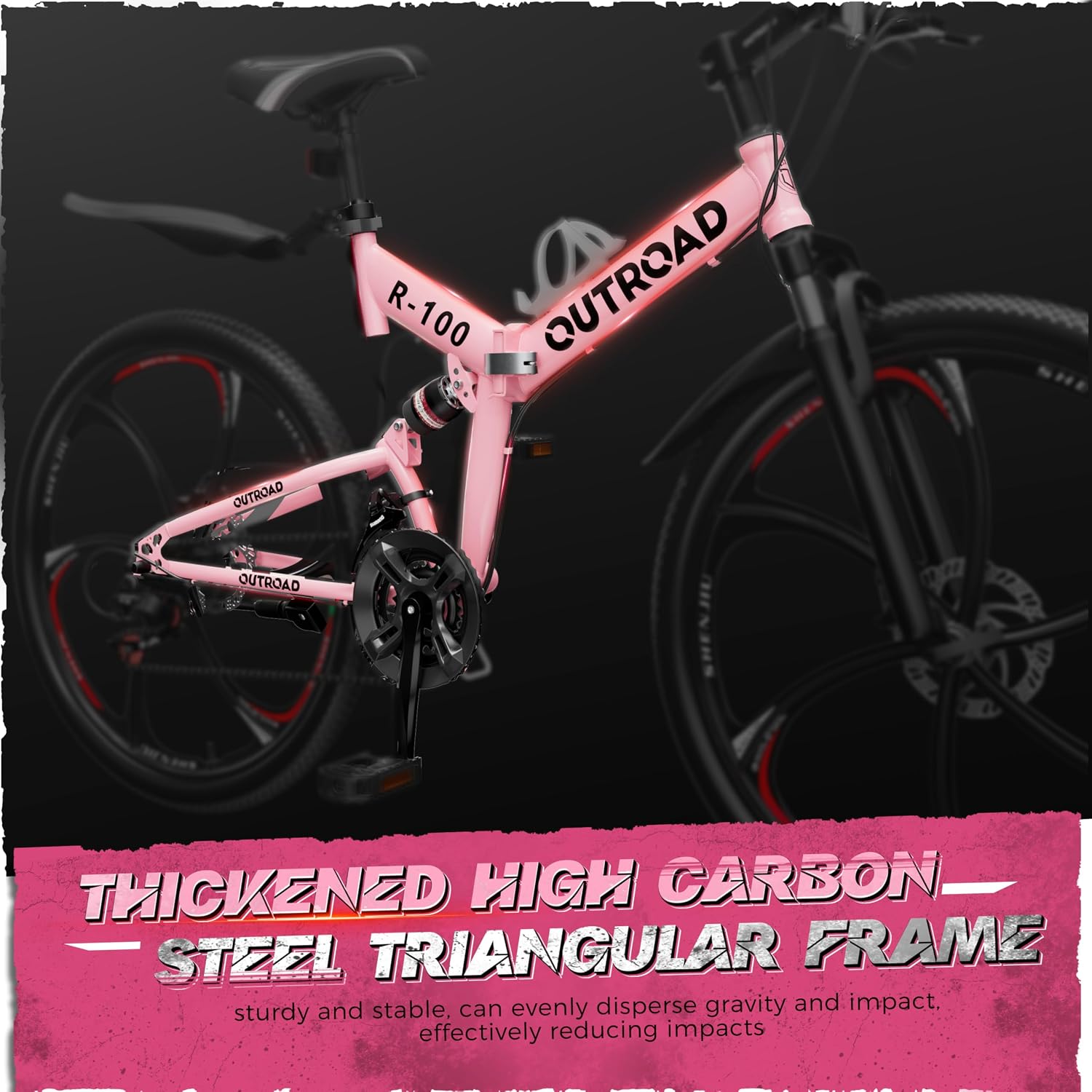 26 Inch Adult Folding Bikes/Mountain Bikes, 21 Speeds Mountain Bicycles with Full Suspension, Dual Disc Brake, High Carbon Steel Frame, Foldable Bike for Men/Women/Teen, Multiple Colors