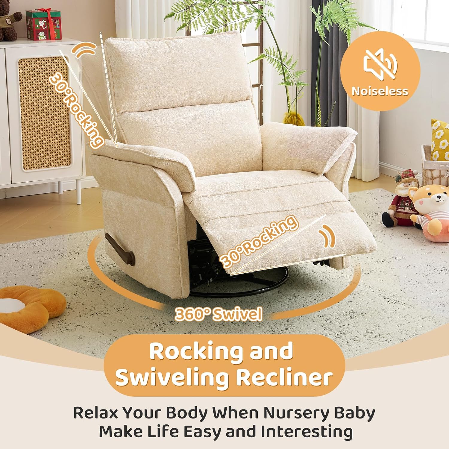 Oversized Swivel Rocker Recliner with Adjustable Headrest, Rocking Chair Nursery with Overstuffed Armrest, Manual Rocker Recliner Nursery Chair for Living Room,Beige