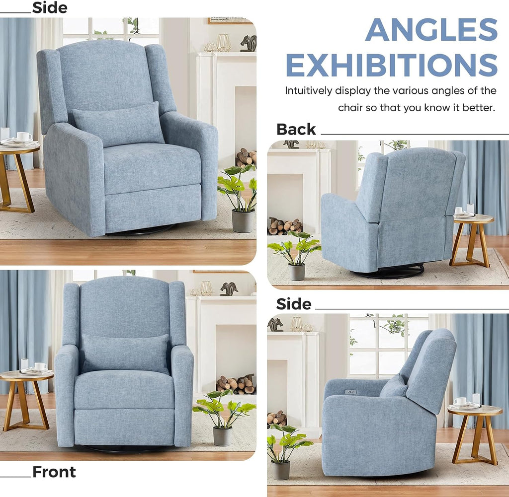 Power Recliner Chair Swivel Glider, Large Nursery Glider with Ottoman & USB Charging Port, Chenille Upholstered Rocker Glider Recliner for Nursery,Living Room, Blue